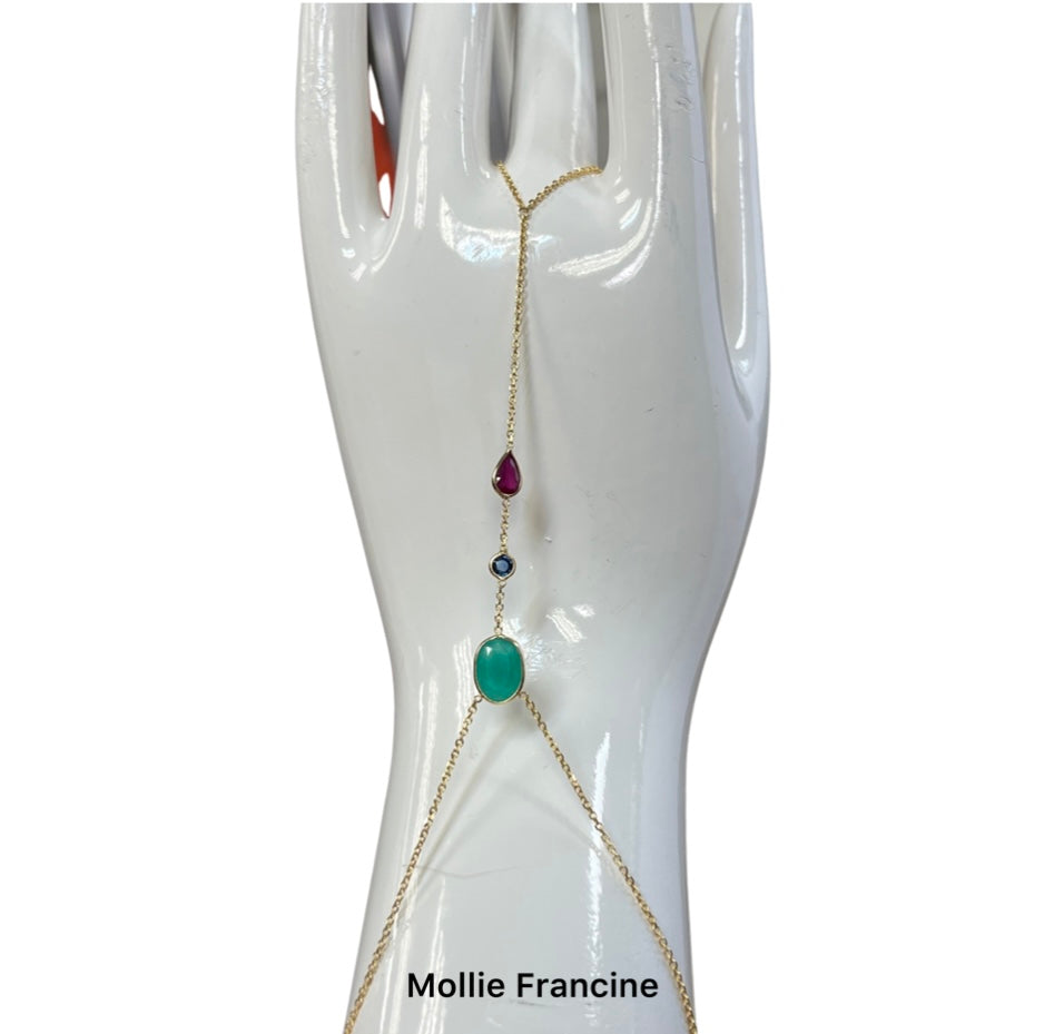 Emerald Ruby Sapphire Handchain Solid 14k Yellow Gold