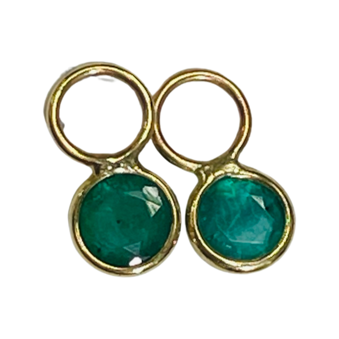 14K Yellow Gold Round Emerald Hoop Earring Charm Pair