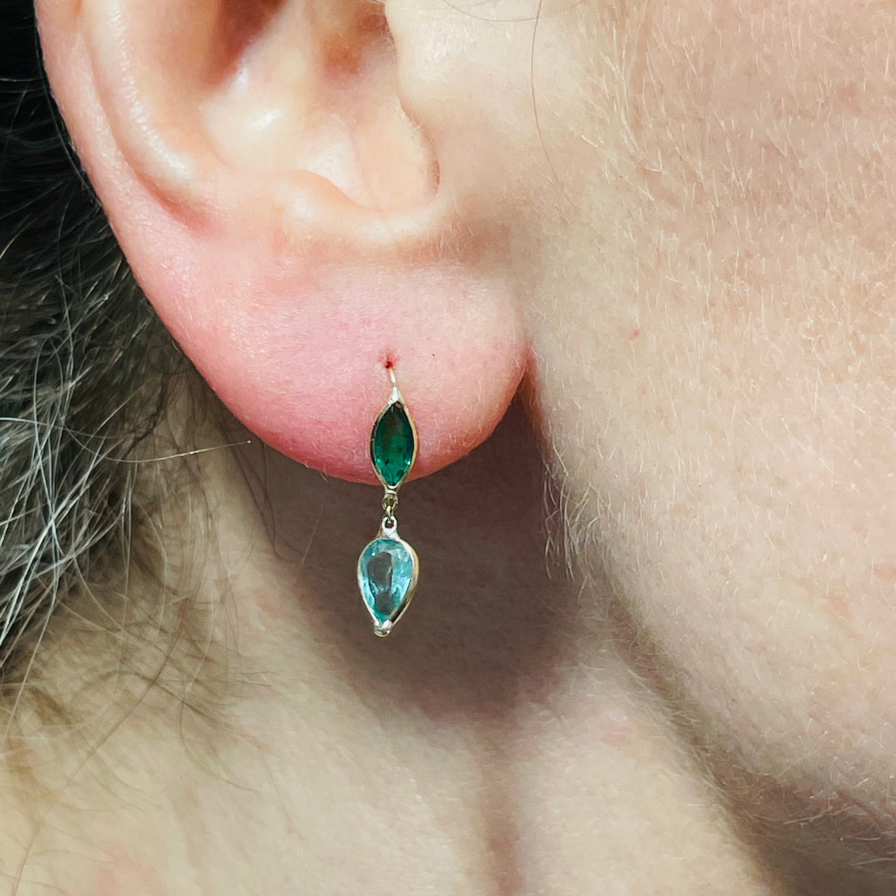 Natural Colombian Emerald Dark and Light Green 14K Yellow Gold Drop Earrings