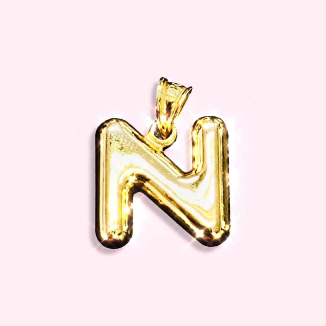 Initial N Puffy  Balloon Letter 10K Yellow Gold Pendant