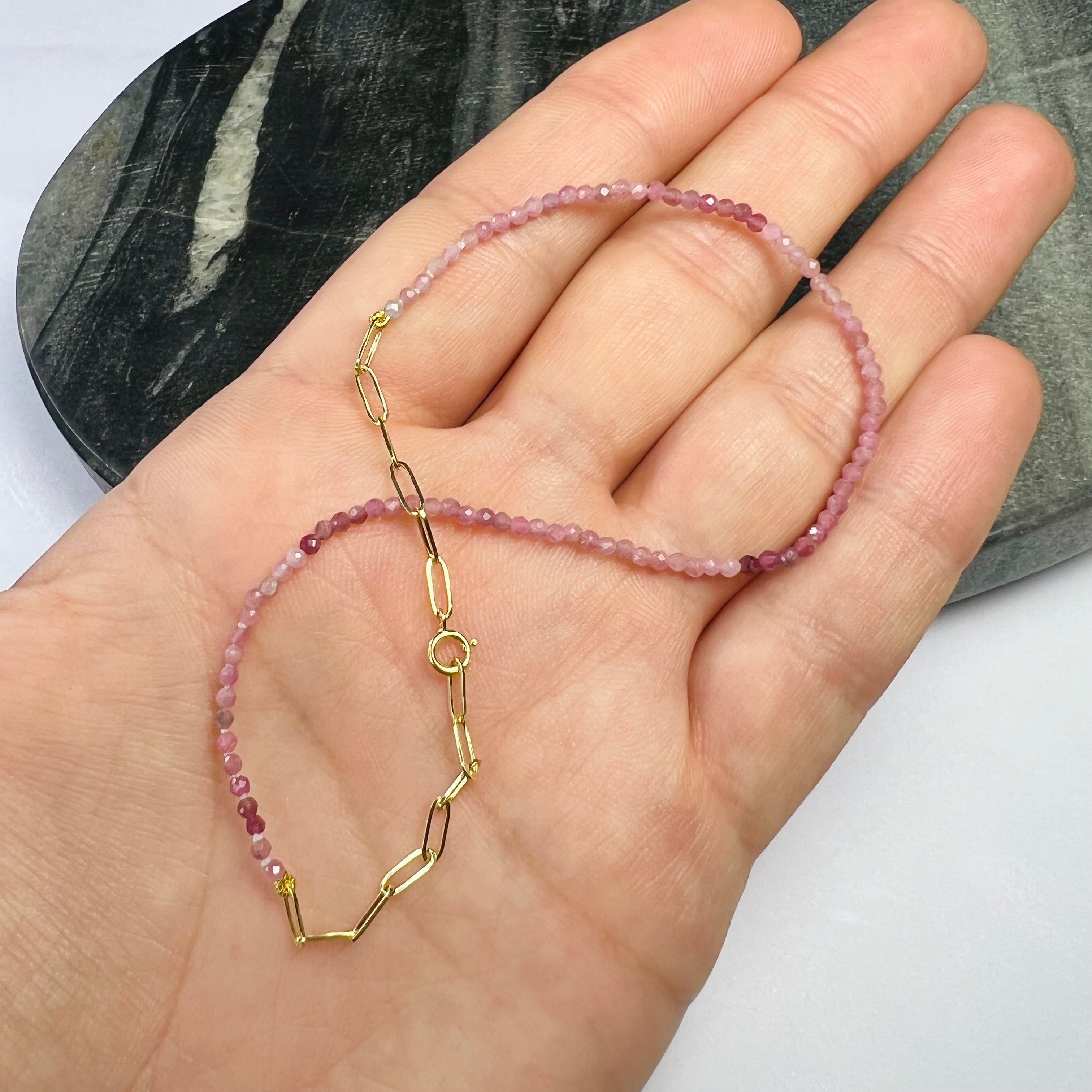 14K Yellow Gold Clasp Pink Sapphire Beaded Anklet 9.5"