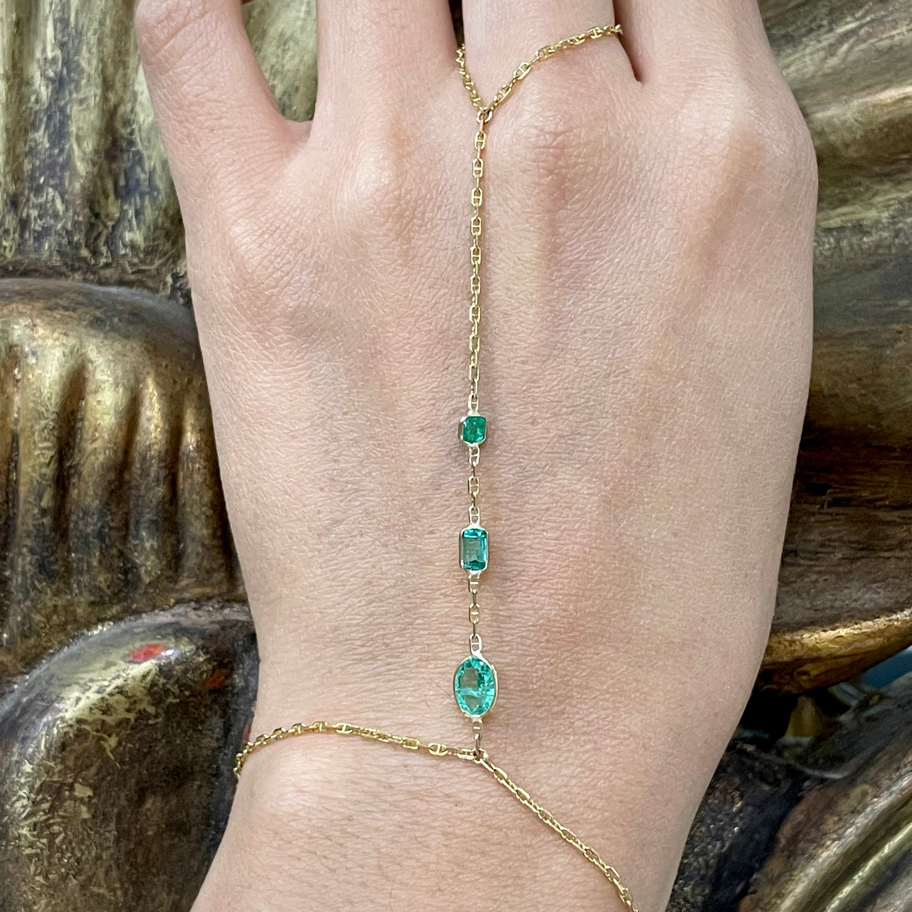 Multi Emerald HandChain in solid 14k Yellow Gold