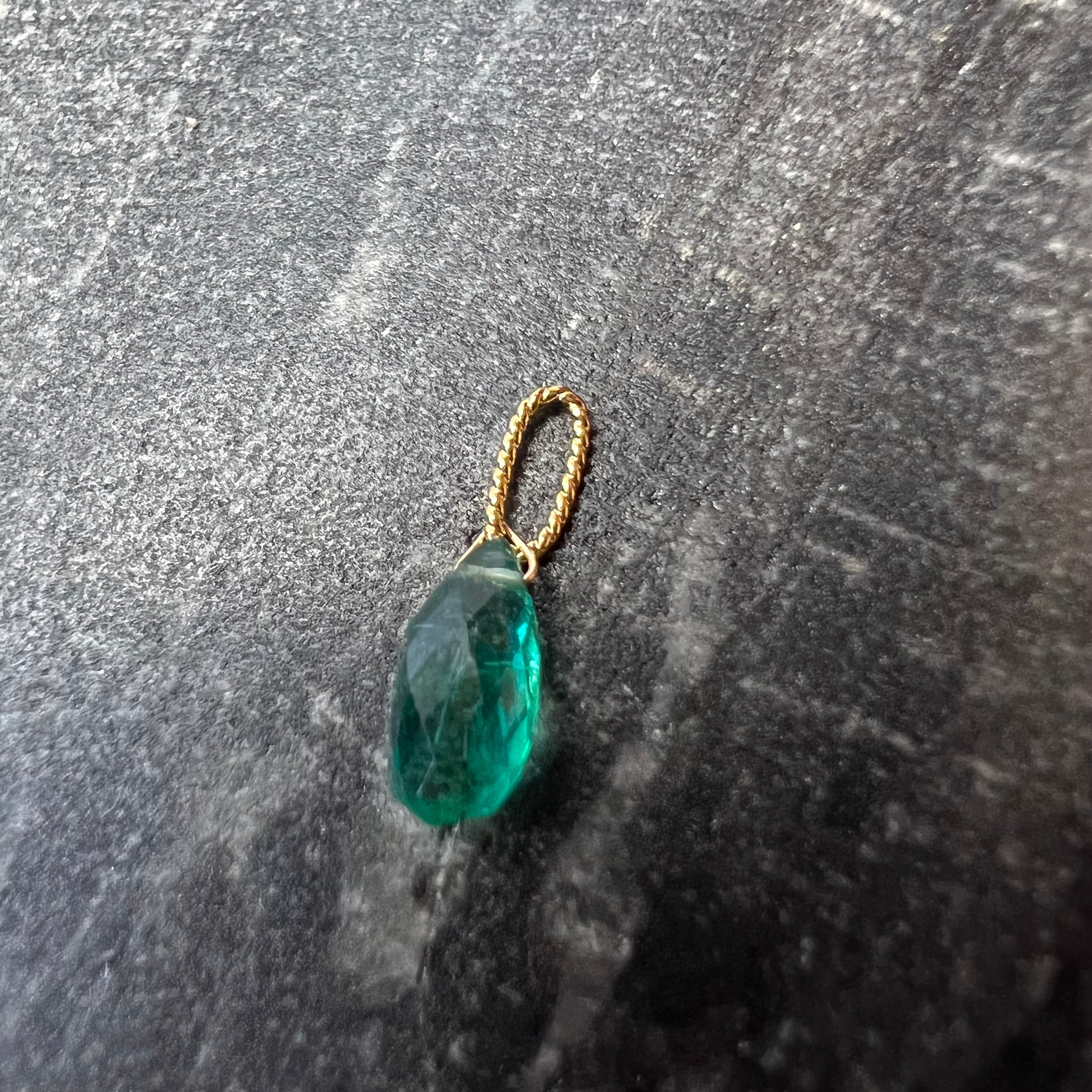 .75ct Solid 14K Yellow Gold Briolette Emerald Twisted bail Charm 8x3.85x3.17mm