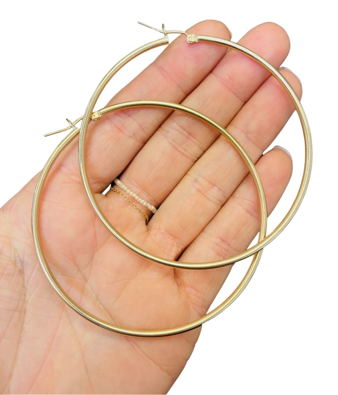 Beautiful New 14K Solid Yellow Gold Hoop Earrings 2.5” 2mm