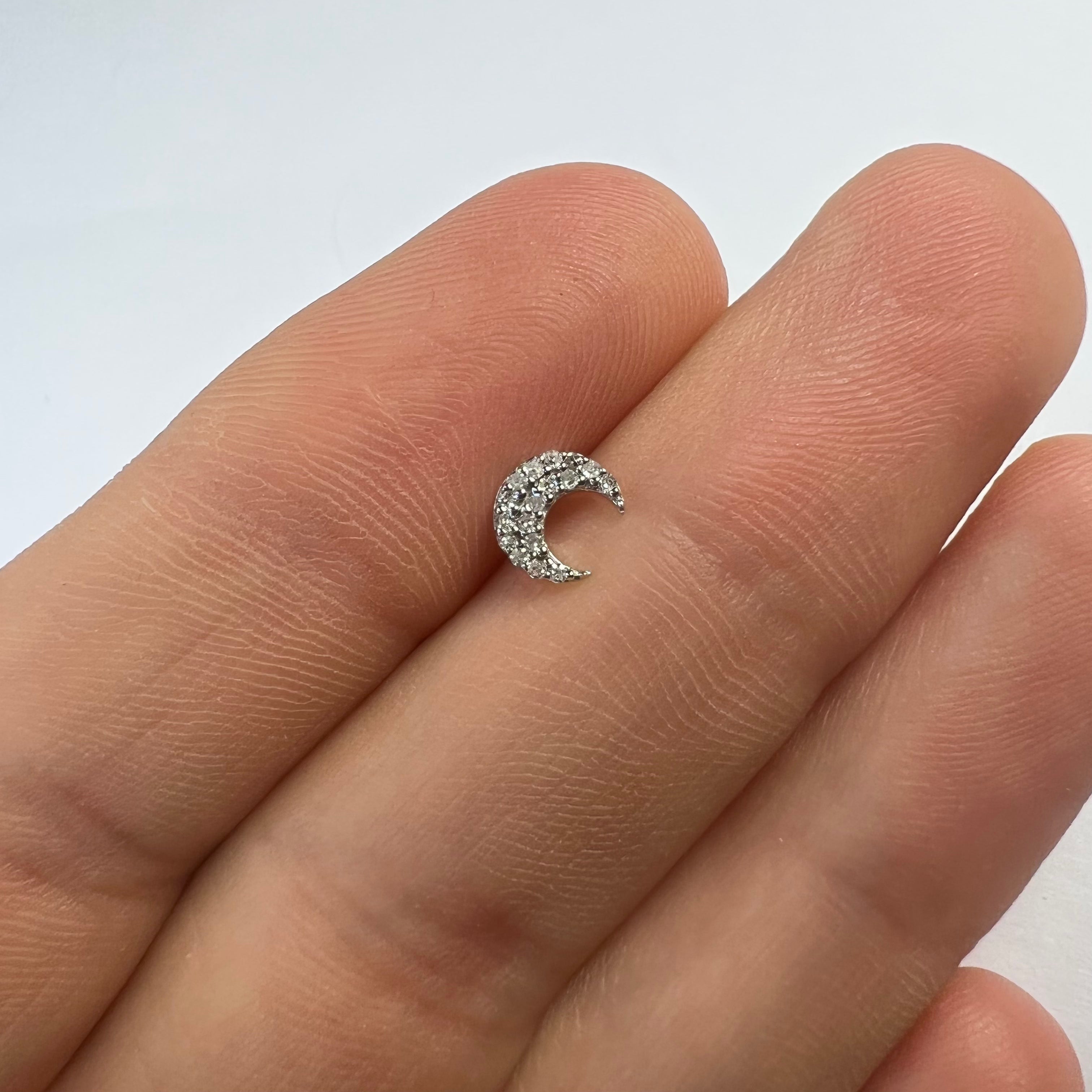 14k White Gold Pave Diamond Moon Single Earring Stud 6x5mm