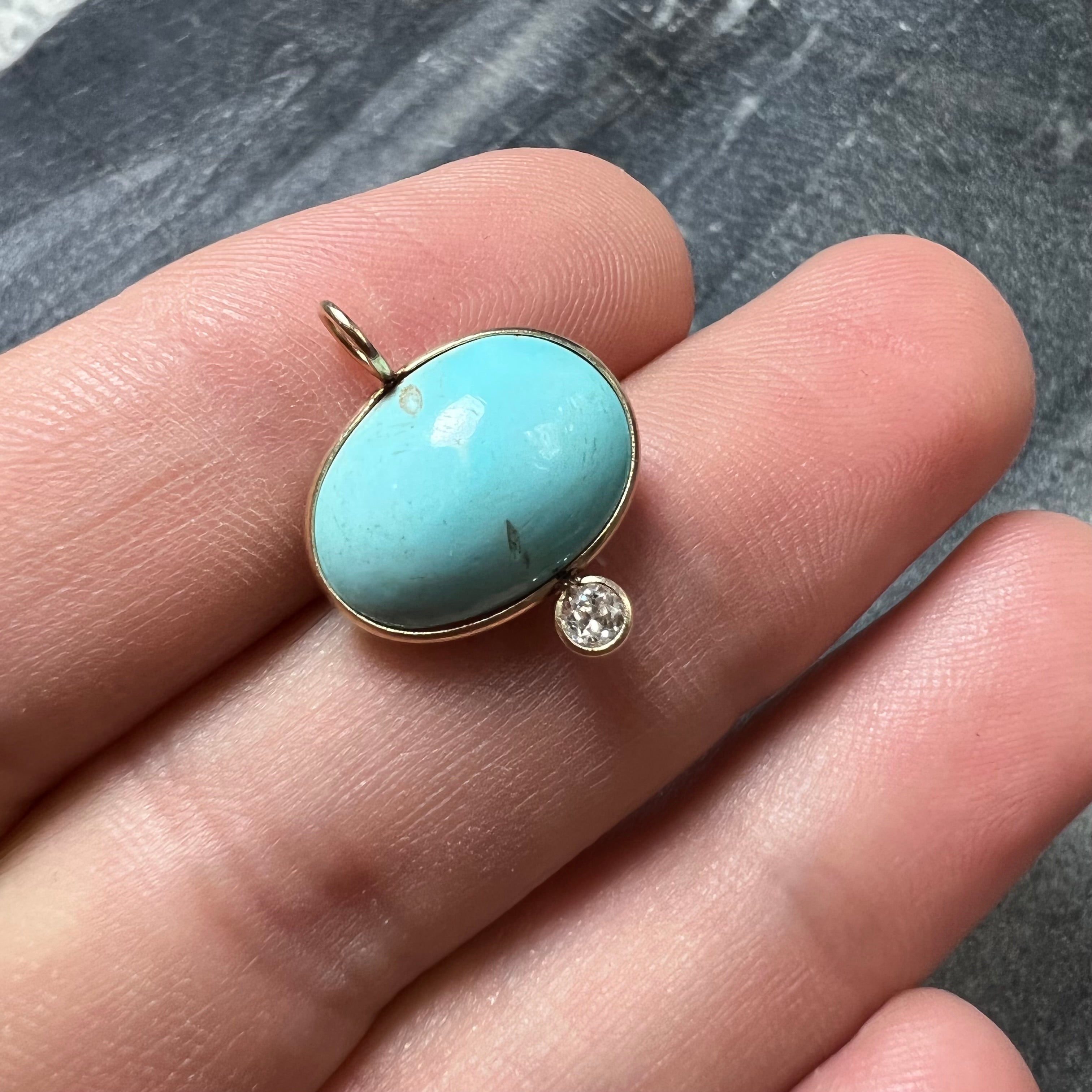 Turquoise and Diamond 14K Yellow Gold Pendant Charm 19x15mm