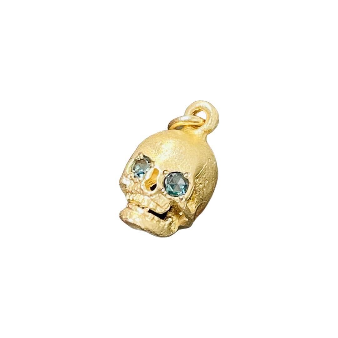 Blue Rose Cut Diamond 18K Yellow Gold Skull Charm Pendant