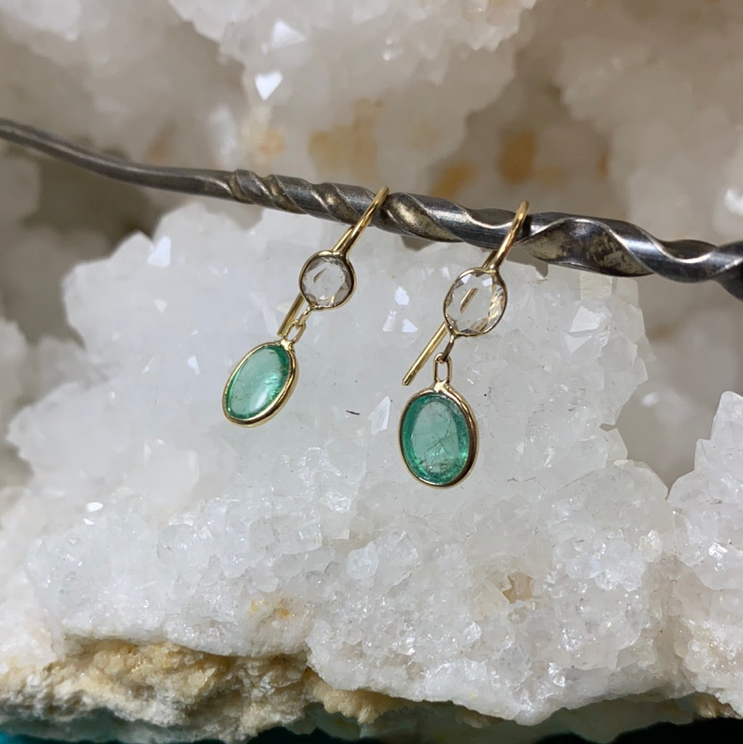 Emerald Cabochon and Rose Cut Diamond 14K Yellow Gold Drop Down Earrings