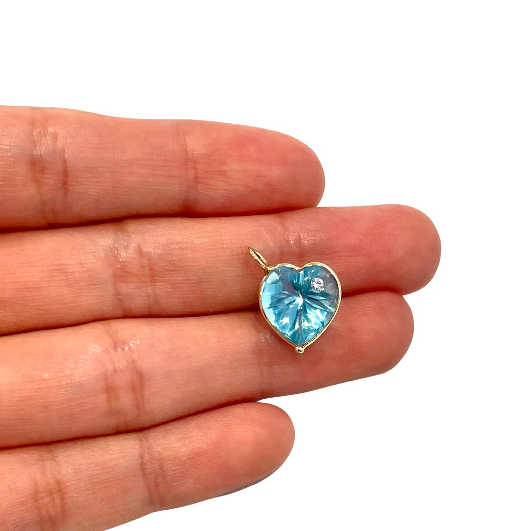 Natural Blue Topaz Pendant and Diamond 14K Yellow Gold Pendant Charm 16.5x12.5mm