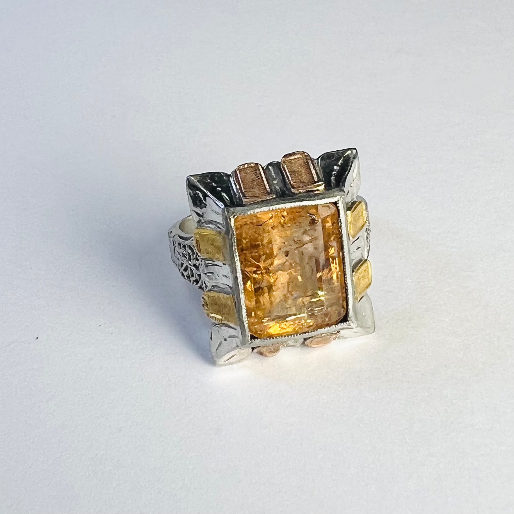 Art Deco 10K Gold  Imperial Topaz Engraved Ring Band Size 4.5