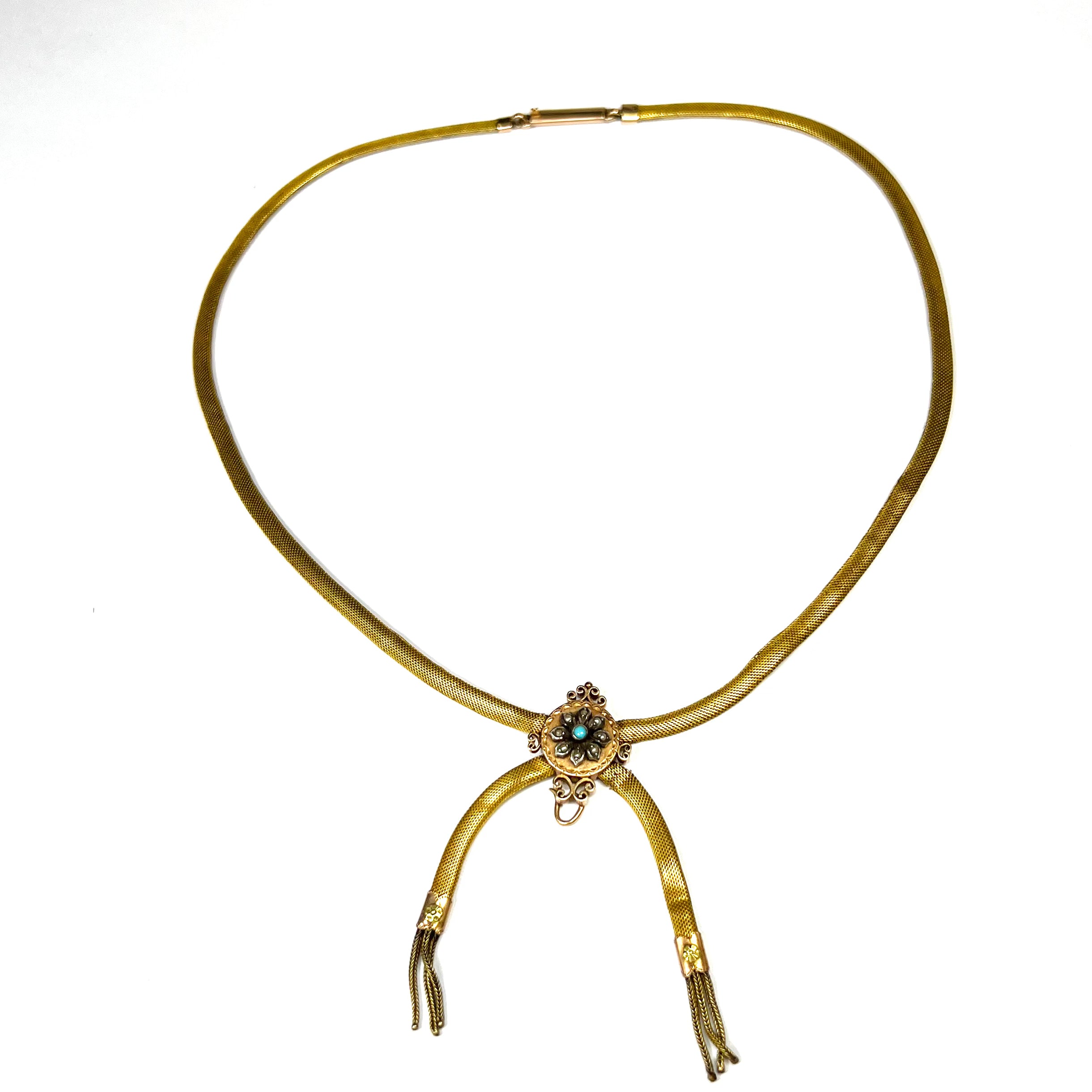 Lovely Antique Victorian Mesh Necklace Floral Turquoise Center Detail 18" 10K Gold