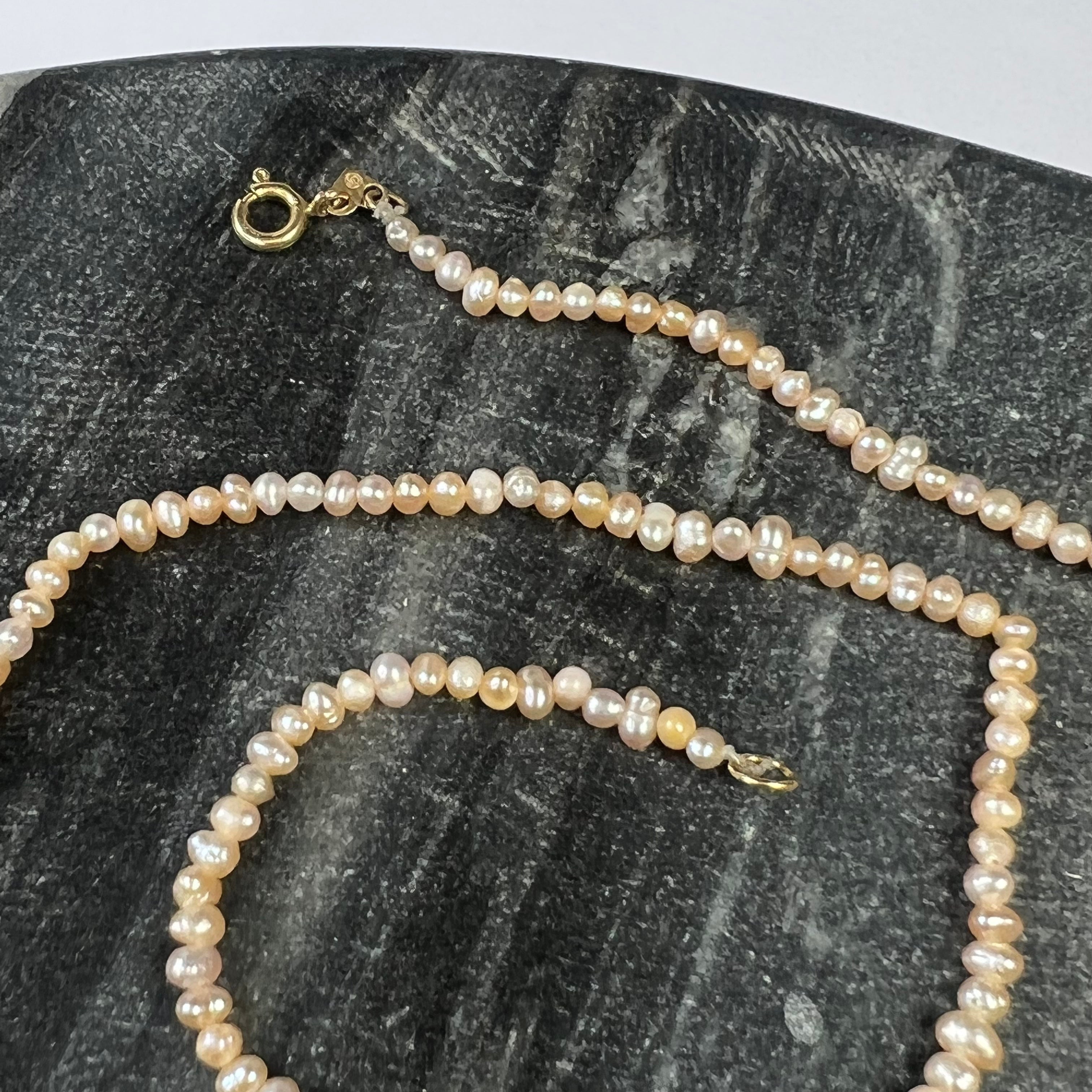 Pink Seed Pearl Necklace 14K Yellow Gold 15.5"