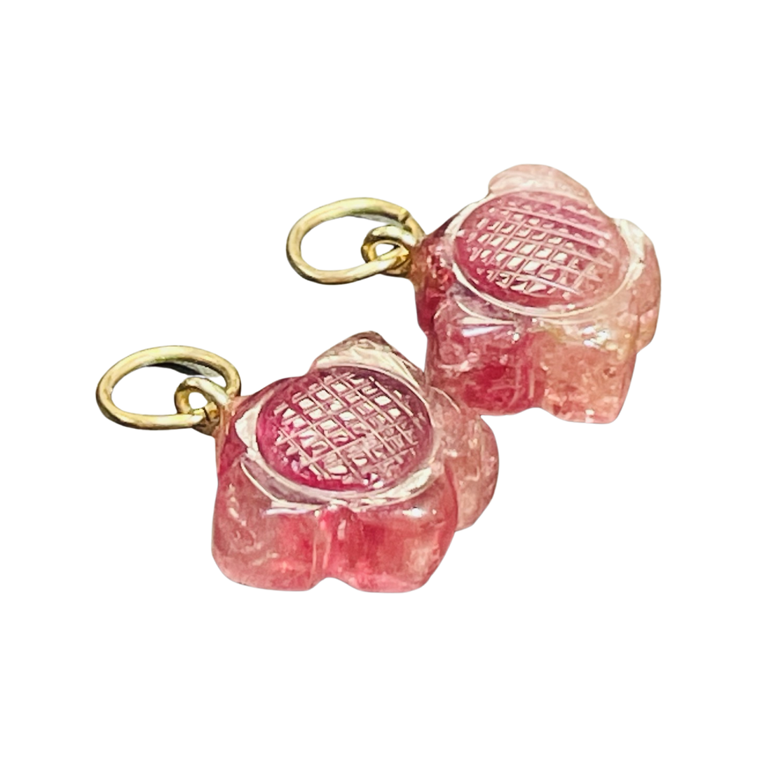 14K Yellow Gold Carved Tourmaline Hoop Earring Charm Pair
