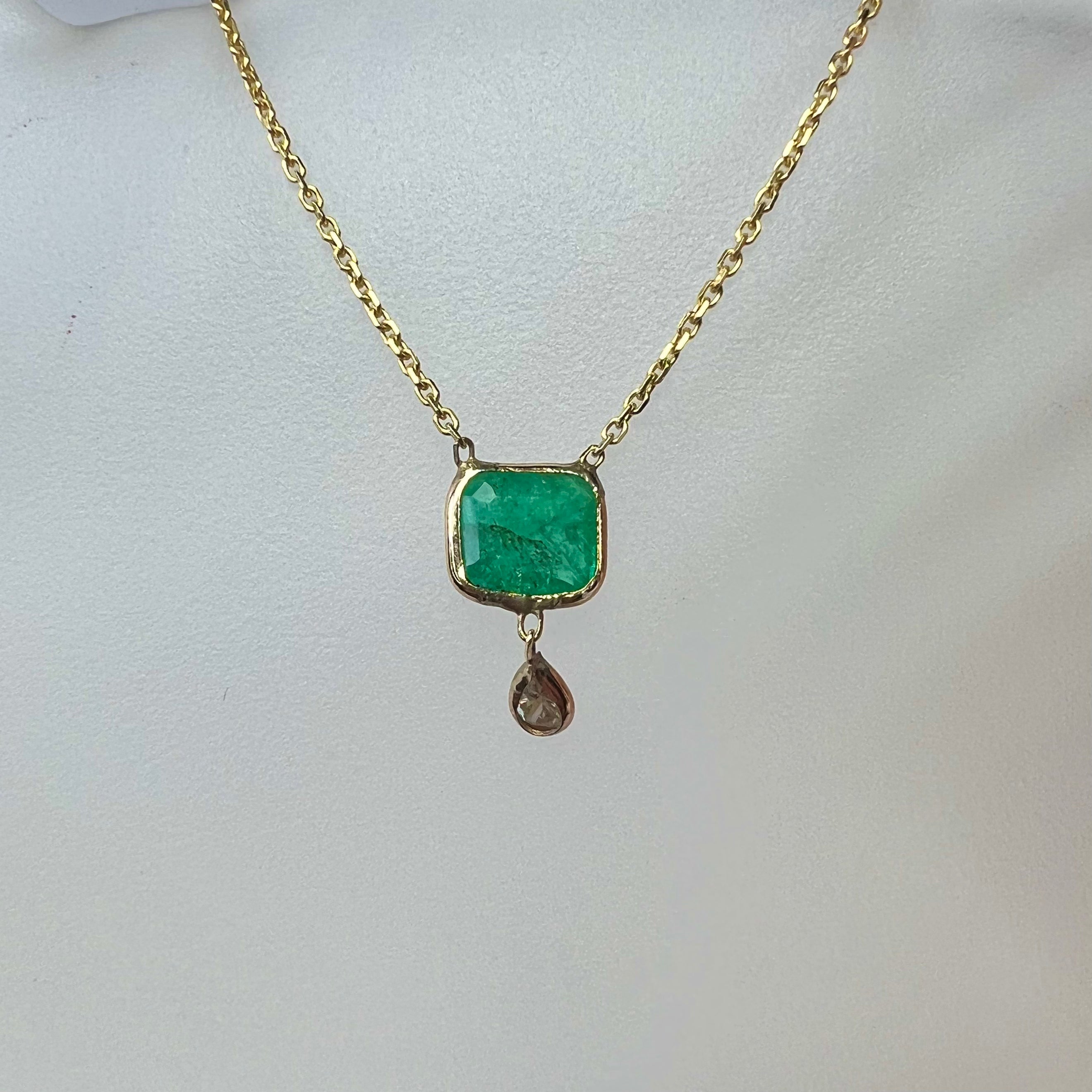 Emerald and Pear Diamond 15" 14K Yellow Gold Cable Chain Necklace