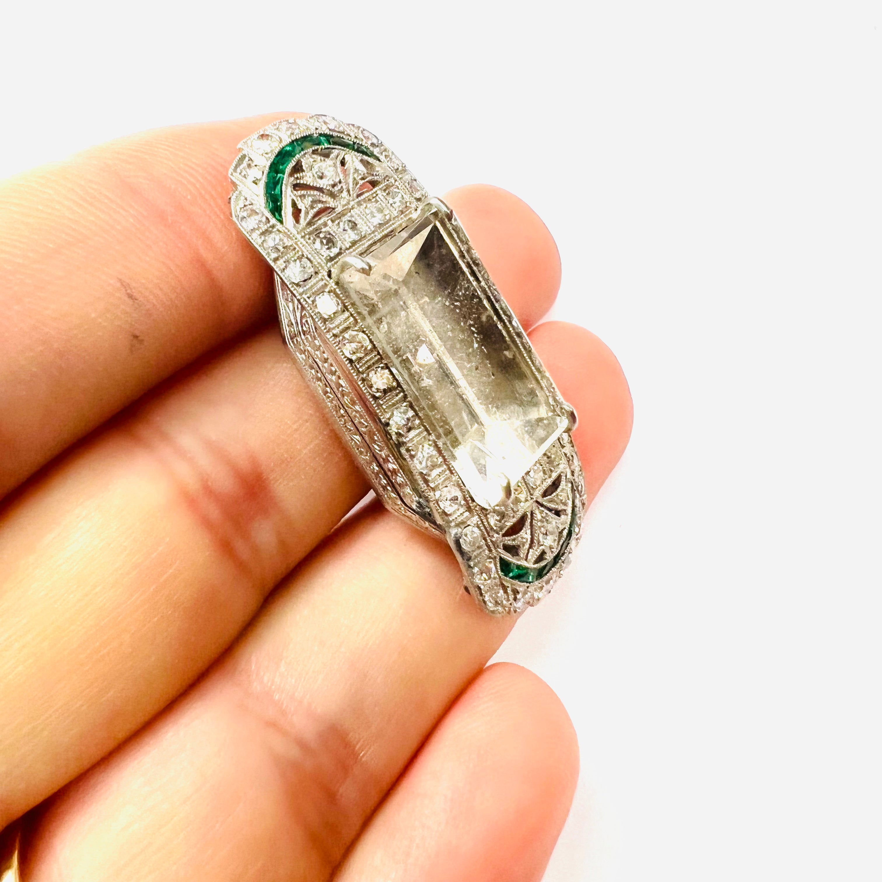 Art Deco Watch Face Convert Platinum Emerald Diamond and Morganite Pendant
