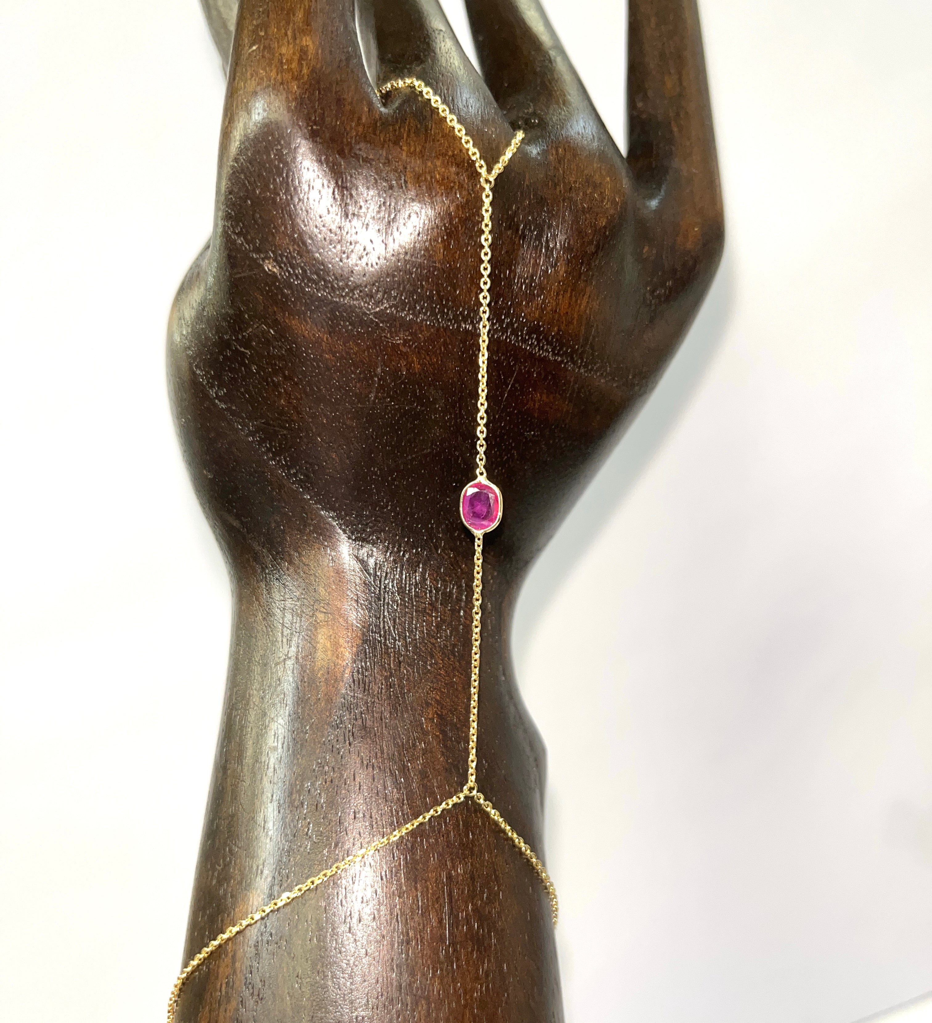 Oval Ruby Hand Chain Bracelet in Solid 14K Yellow Gold