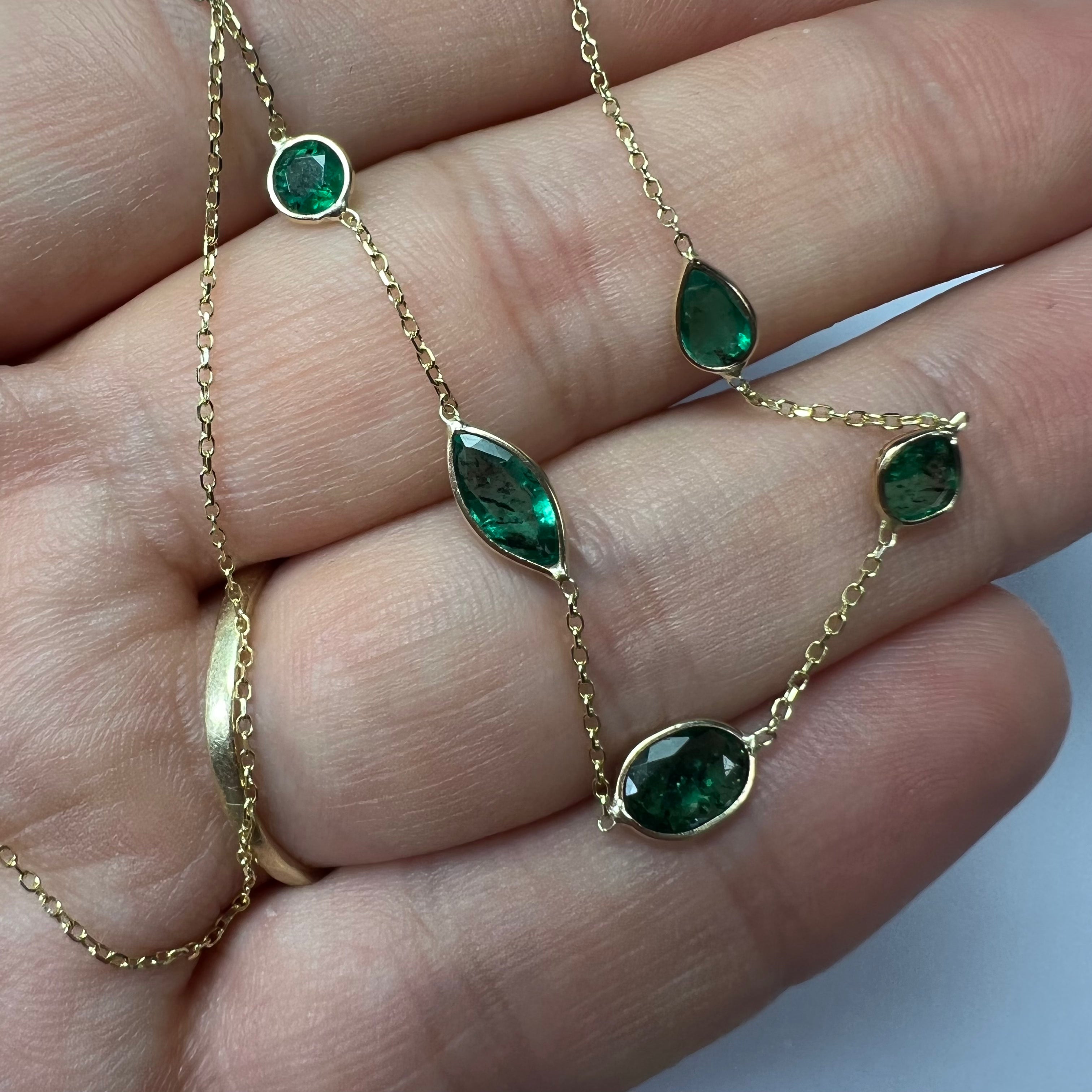 Assorted Emeralds 16" 14k Yellow Gold Stationed Necklace