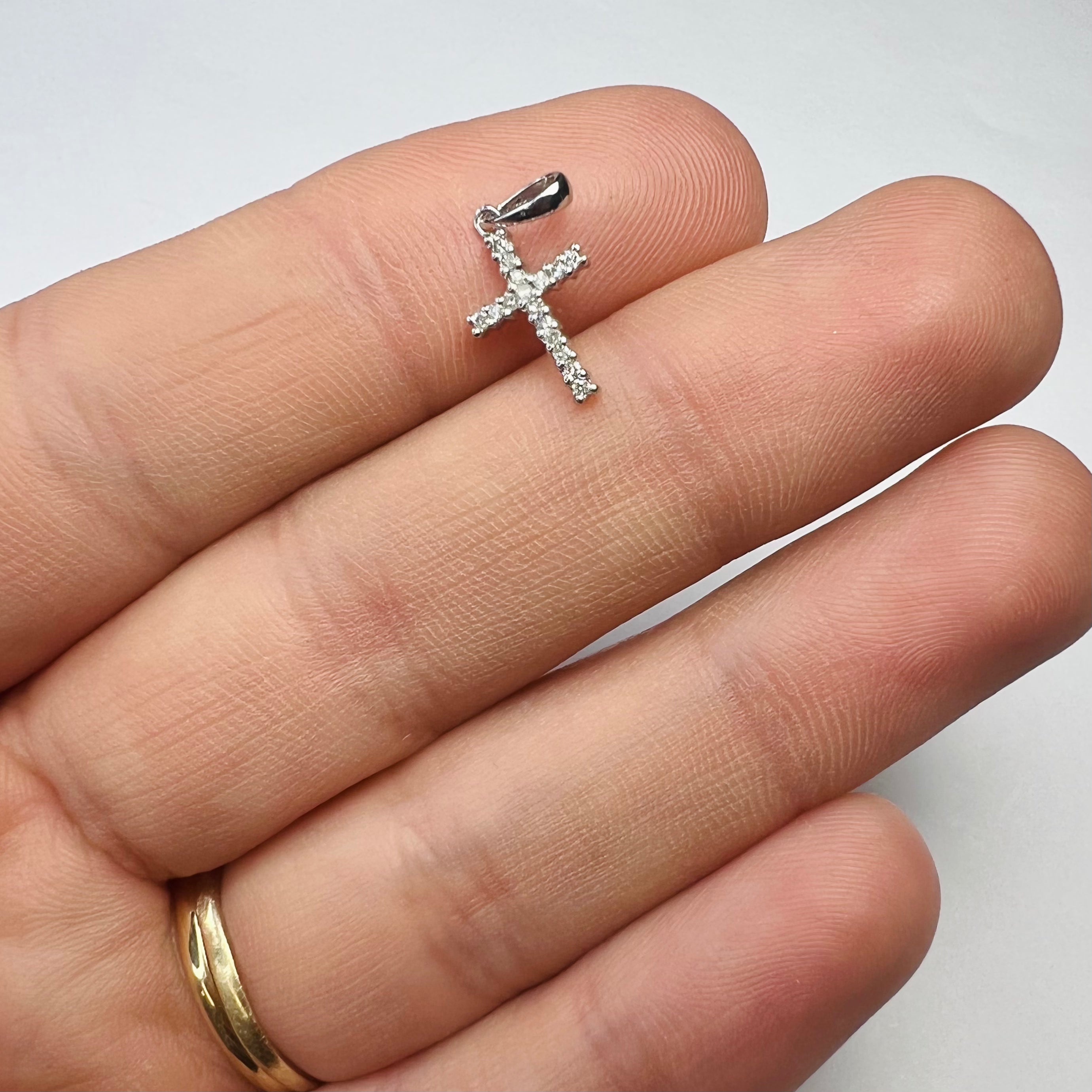 Solid 14K White Gold Diamond Cross Pendant 15x7mm