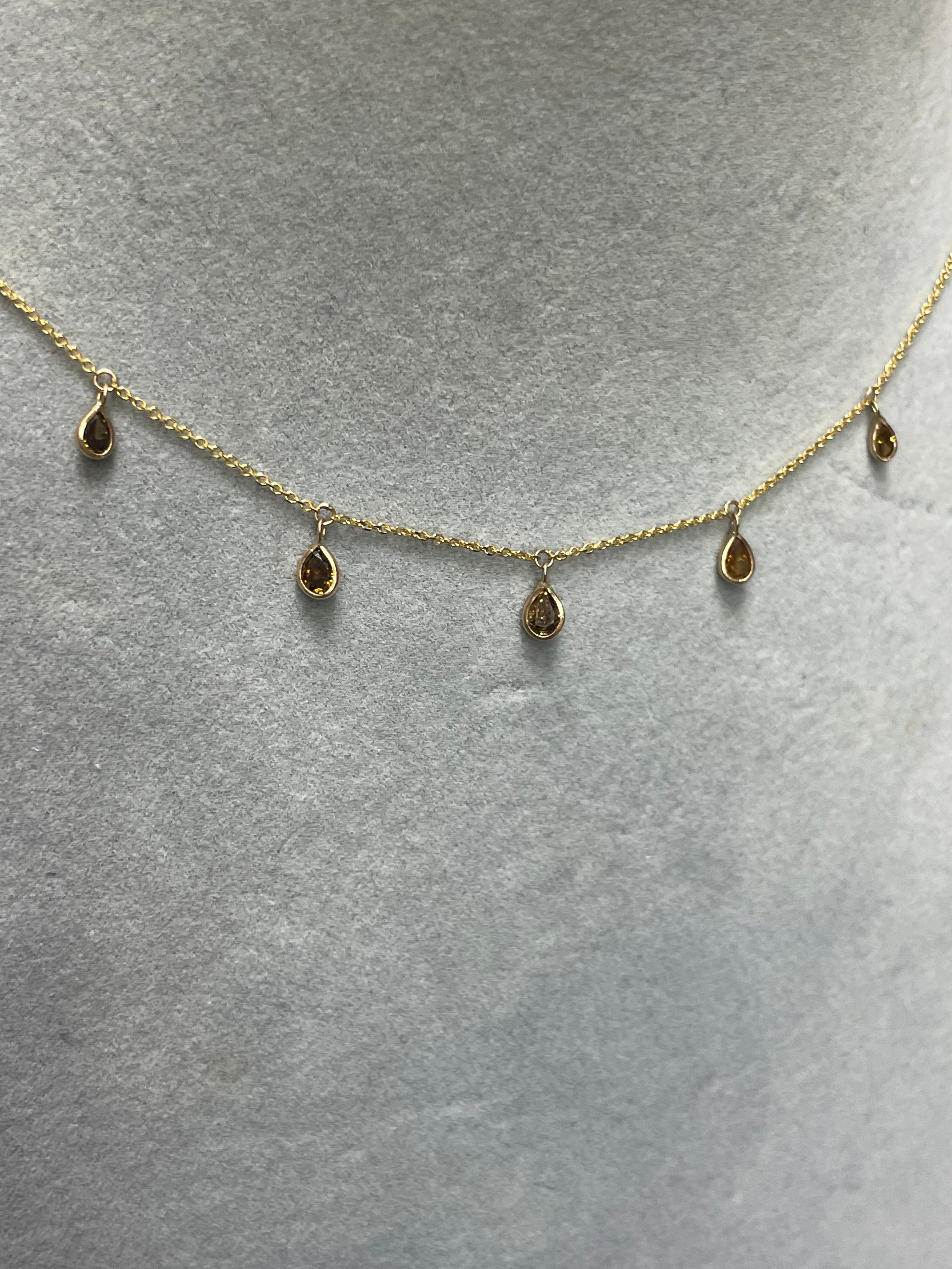 Chocolate Brown Pear Cut Diamond 14k Yellow Gold Dangle Necklace