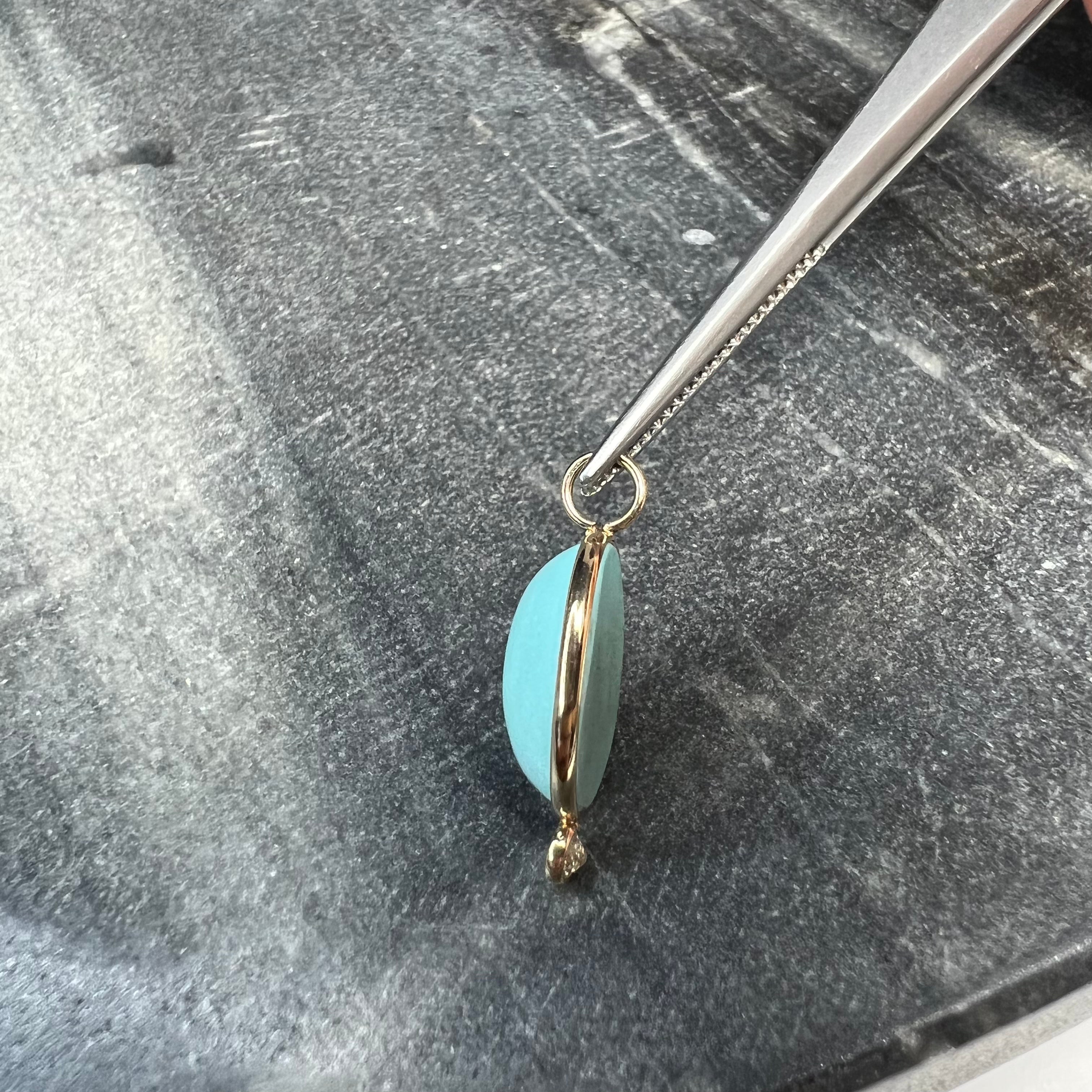 Turquoise and Diamond 14k Yellow Gold Pendant Charm 21x11mm
