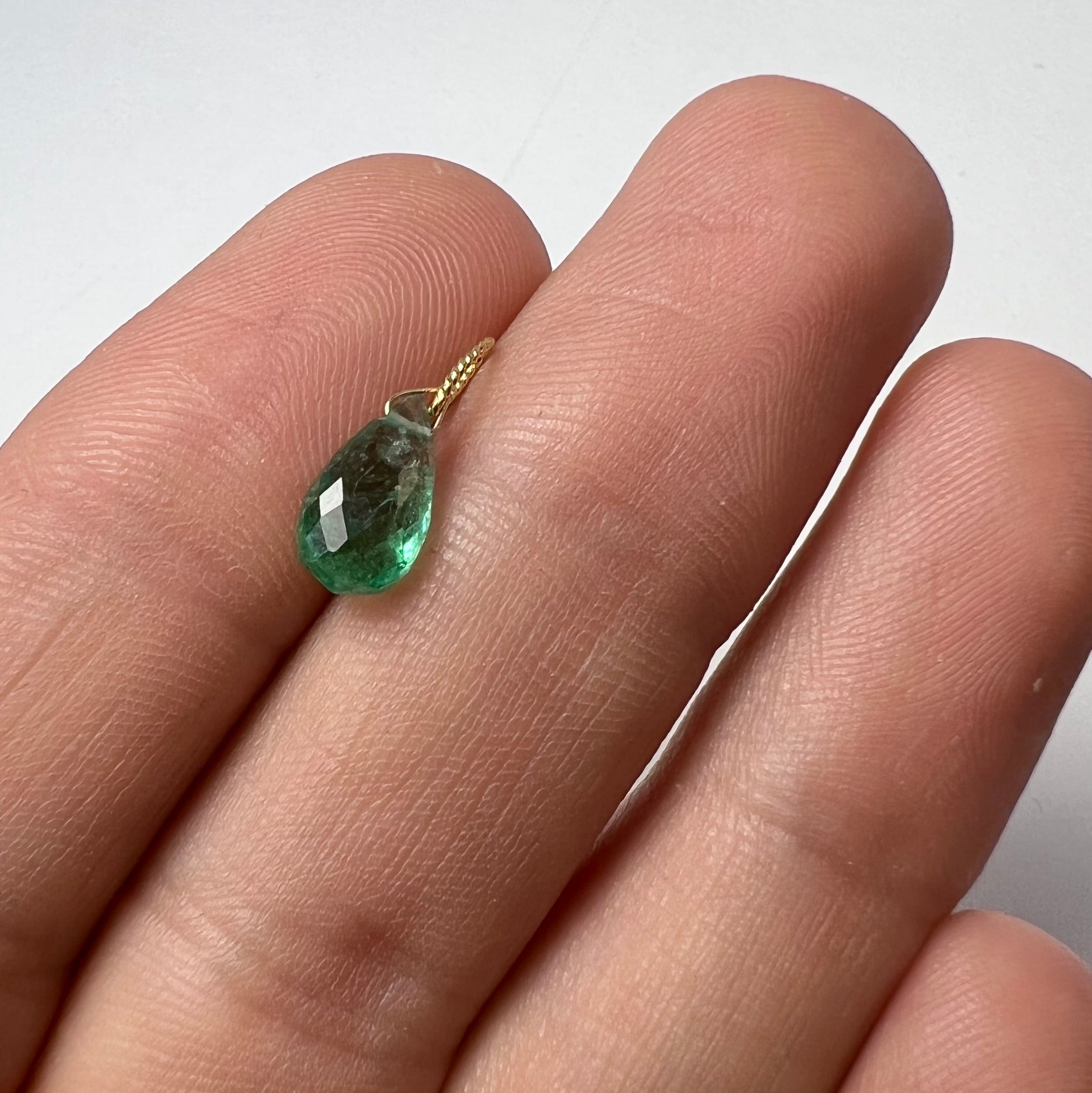 1.3CT Solid 14K Yellow Gold Briolette Emerald Twisted bail Charm 9x5.49x3.96mm