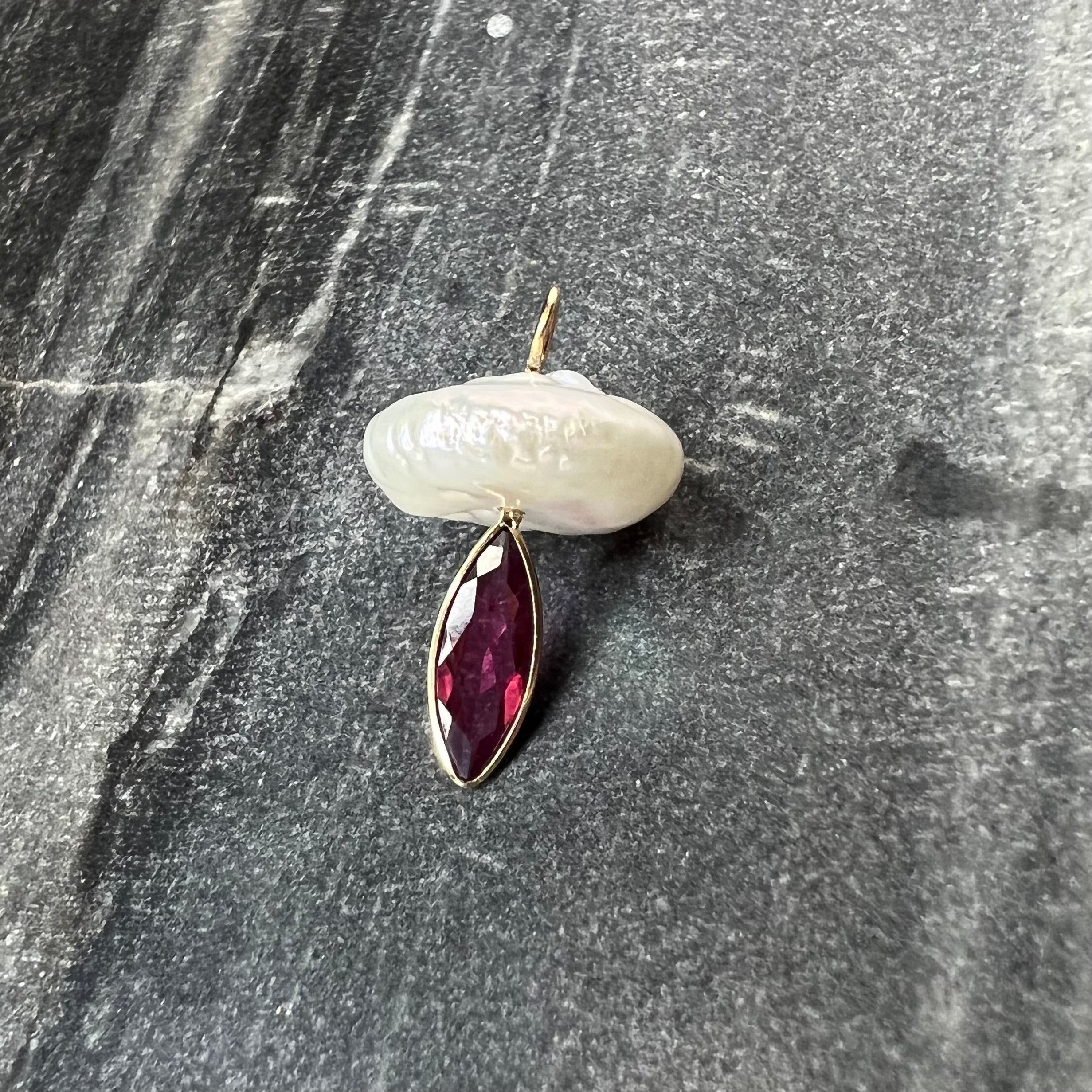Natural Tourmaline and Pearl Mushroom 14K Yellow Gold Pendant Charm 24x14.50mm