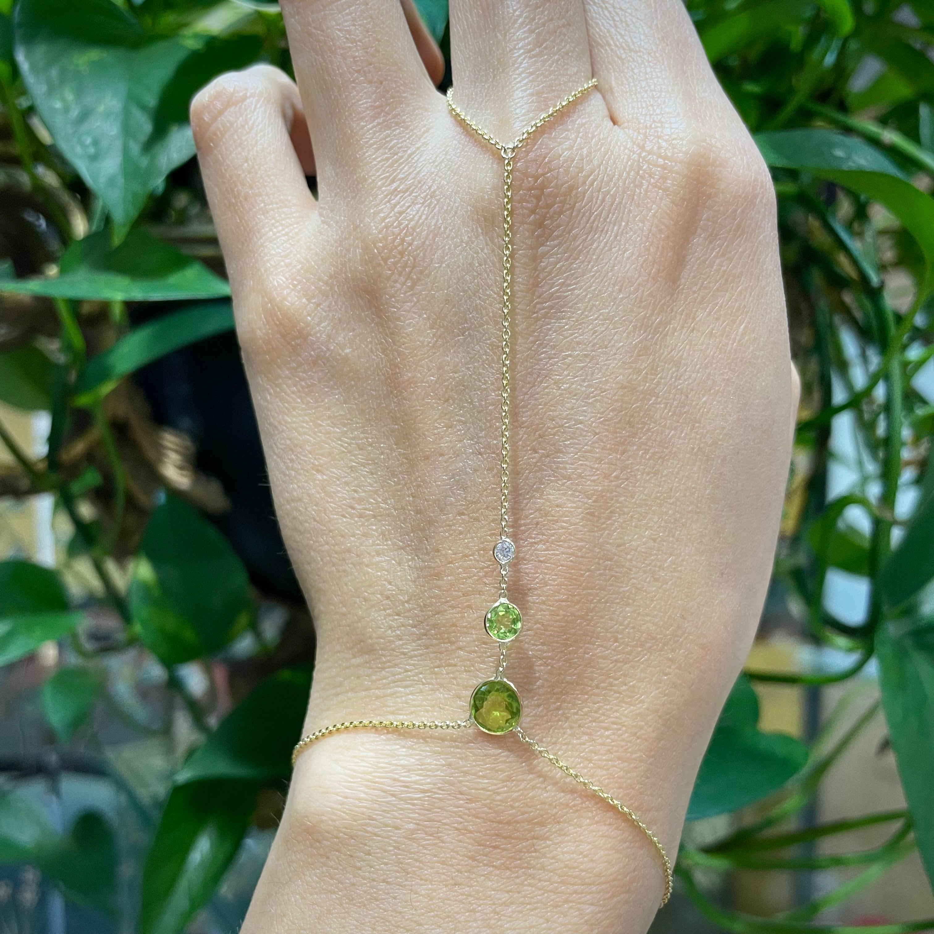 Diamond Peridot HandChain in solid 14k Yellow Gold