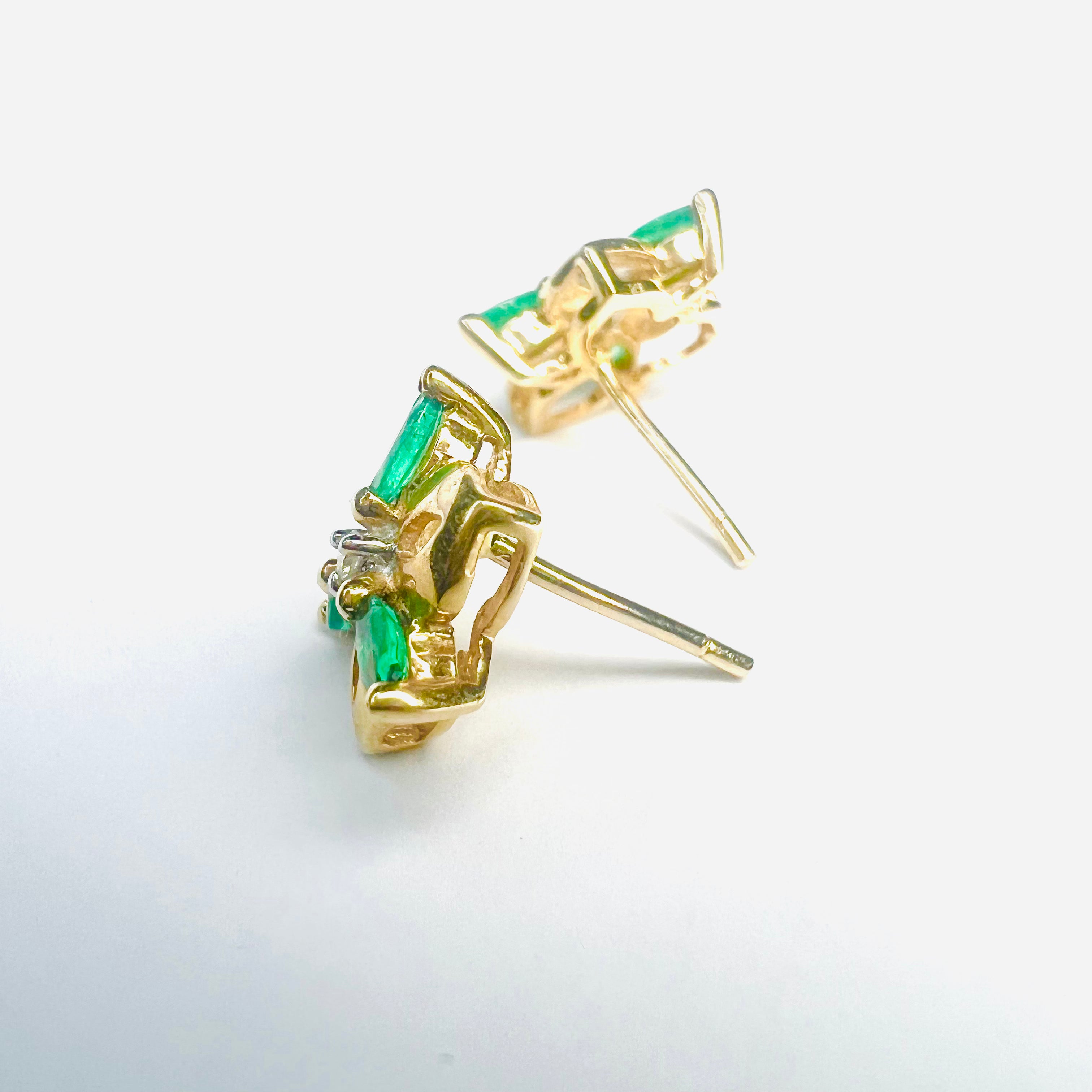 14K Yellow Gold Marquise Emerald & Diamond Flower Earring Pushback Studs 12x12mm