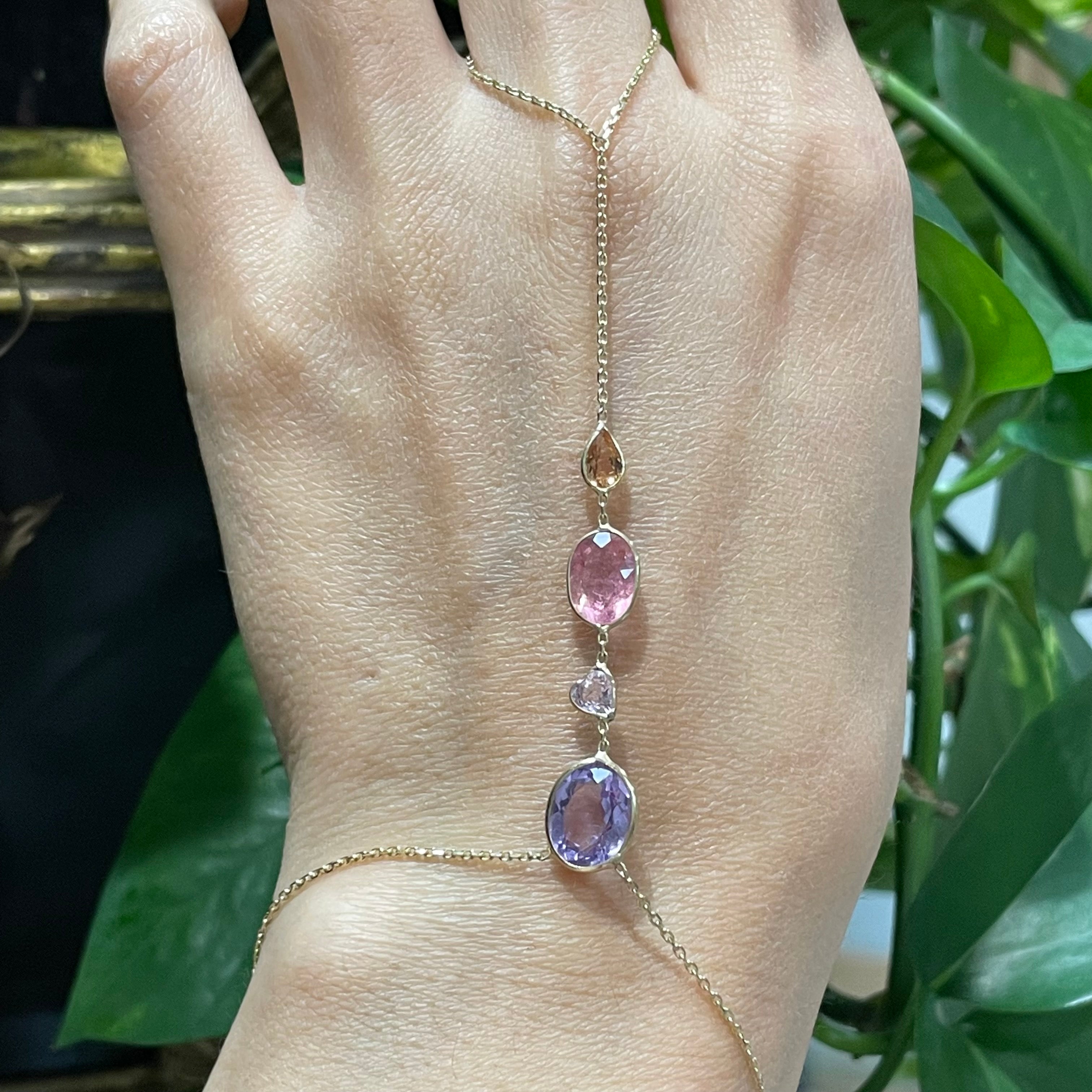 Tourmaline Sapphire, and Amethyst Handchain in solid 14k Yellow Gold