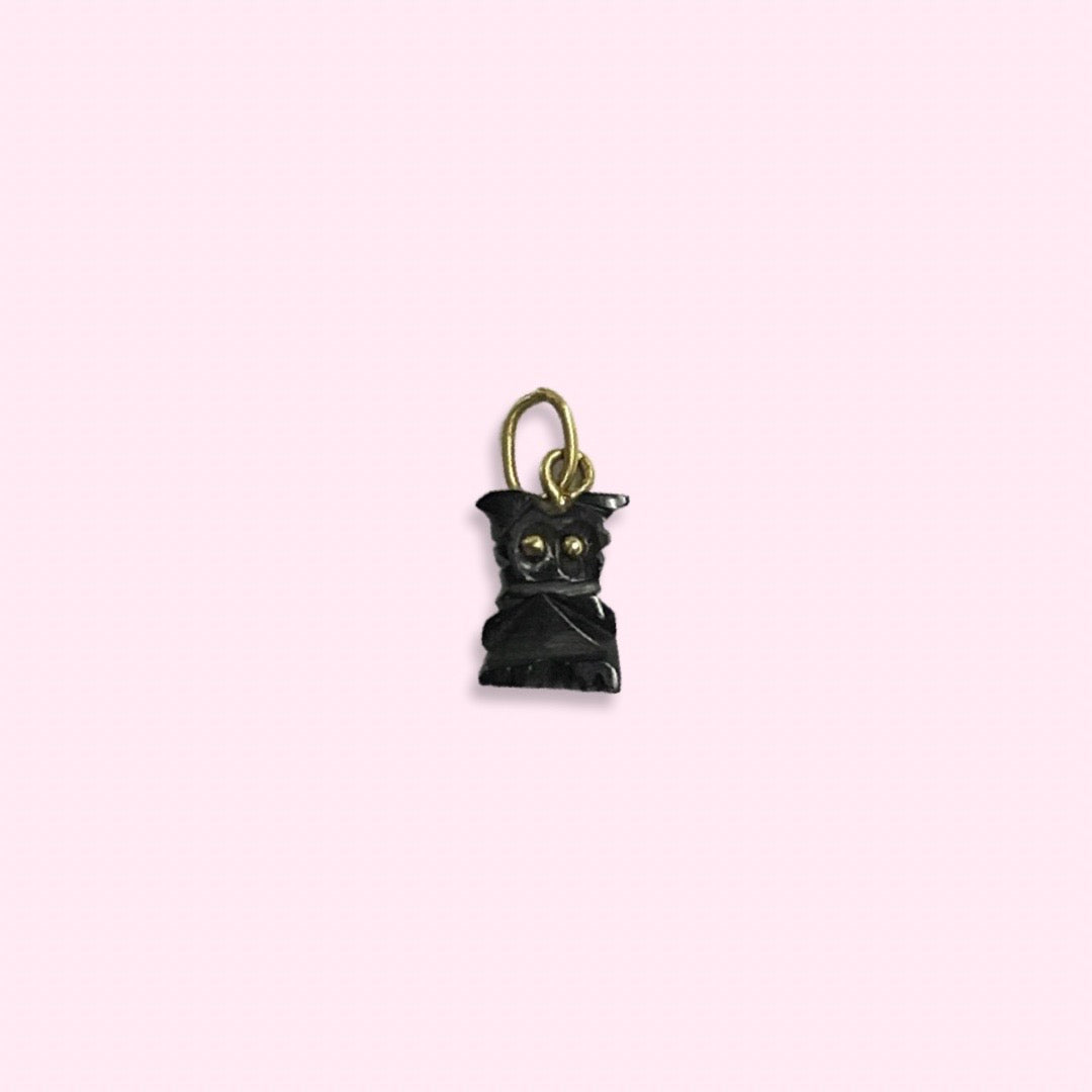 Solid 14K Yellow Gold Natural Jet Black Owl Charm