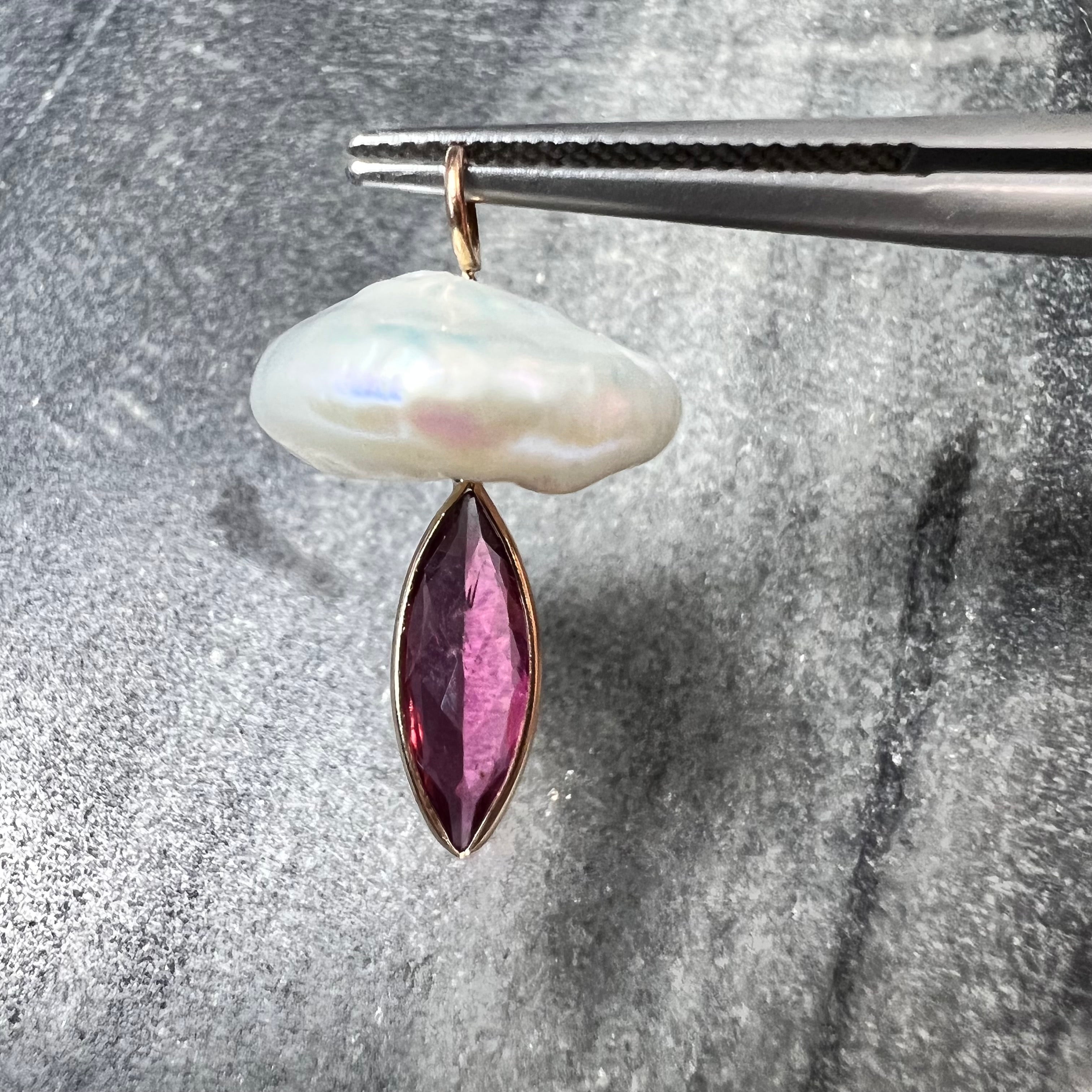 Natural Tourmaline and Pearl Mushroom 14K Yellow Gold Pendant Charm 24x14.50mm