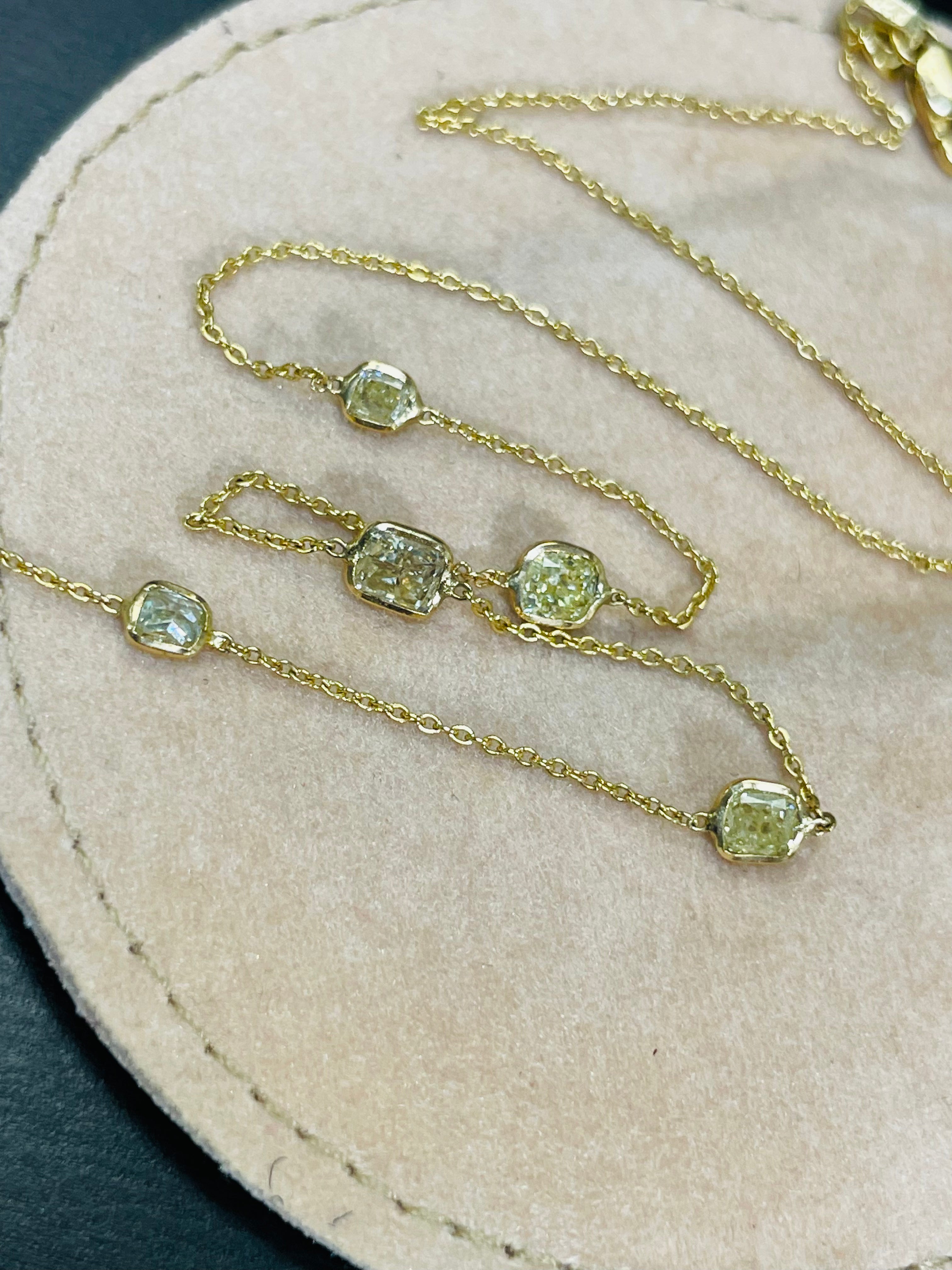 1.1CT Yellow Cushion Cut Diamonds by the Yard 5 Stone 14K Yellow Gold Necklace 16-17”