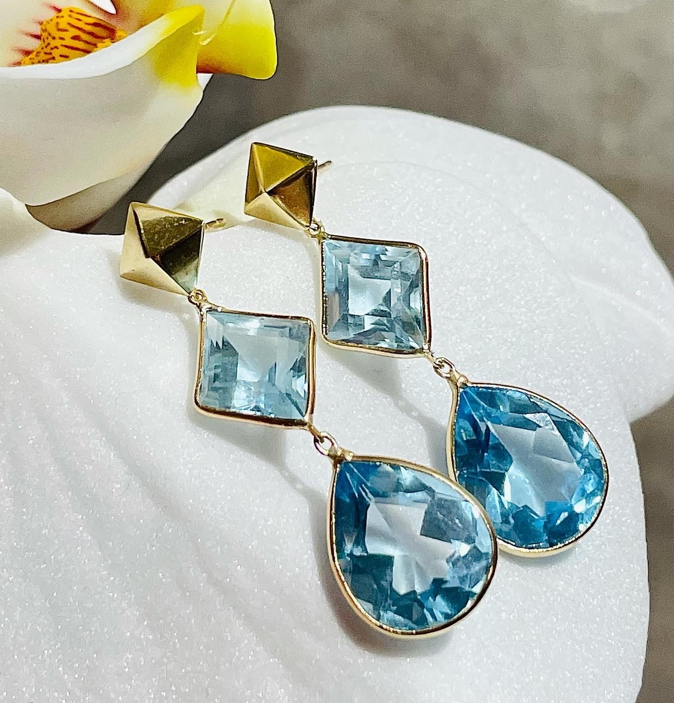Blue Topaz Lozenge and Pear Shape Drop Earrings 14K Yellow Gold