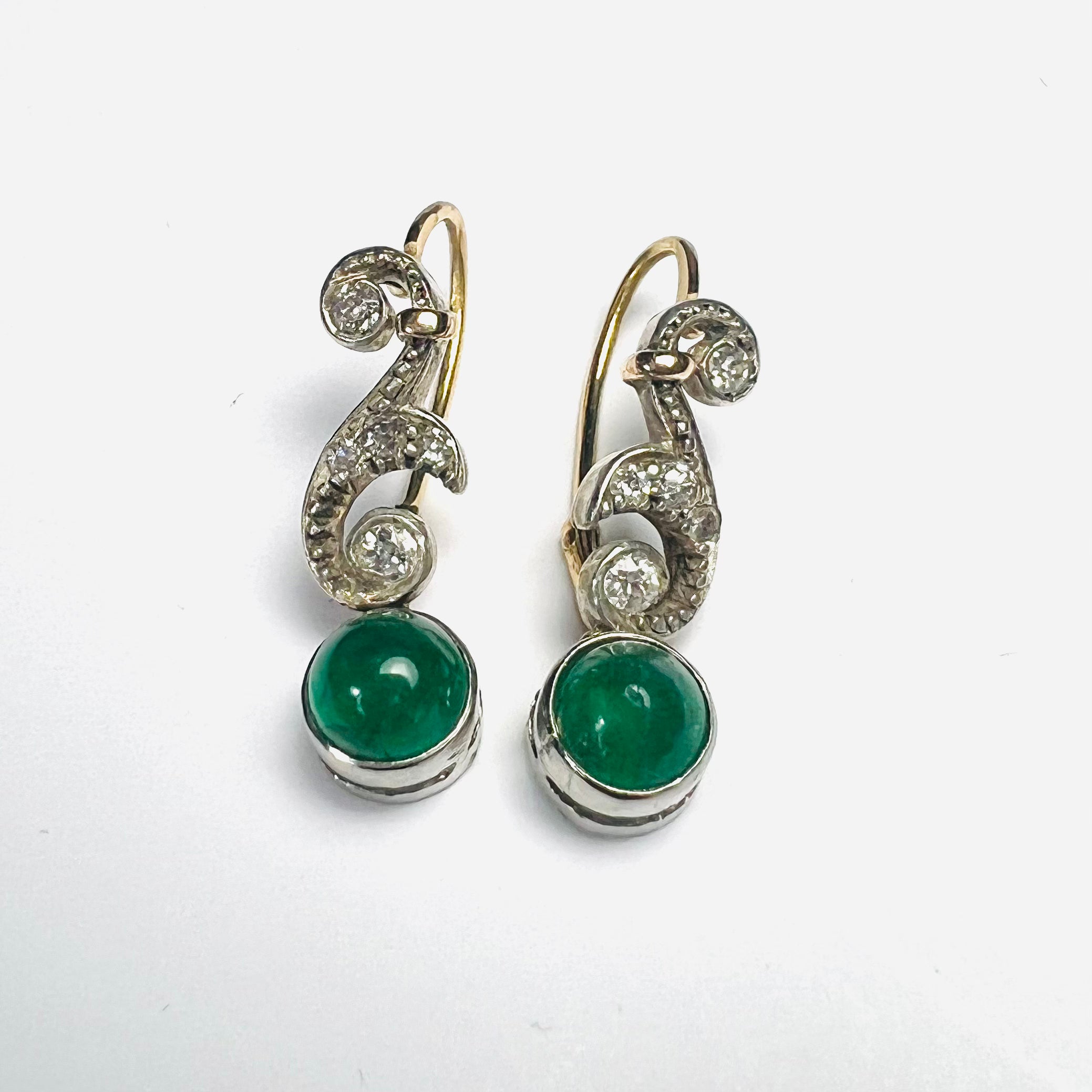 Antique 14K White Gold Diamond & Emerald Dangle Drop Earrings .98'