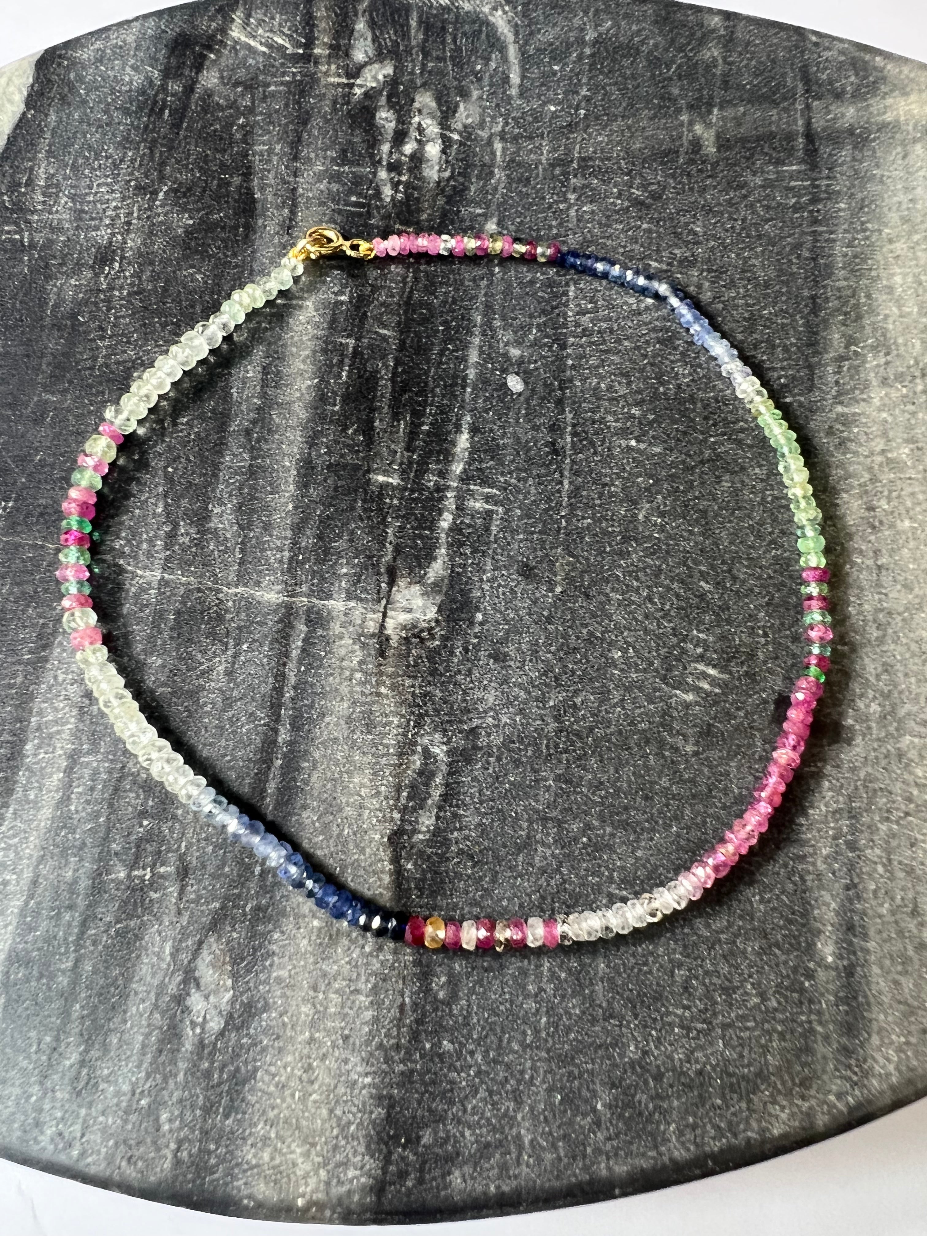 14K Yellow Gold Clasp Multi Color Sapphire Beaded Anklet 10"