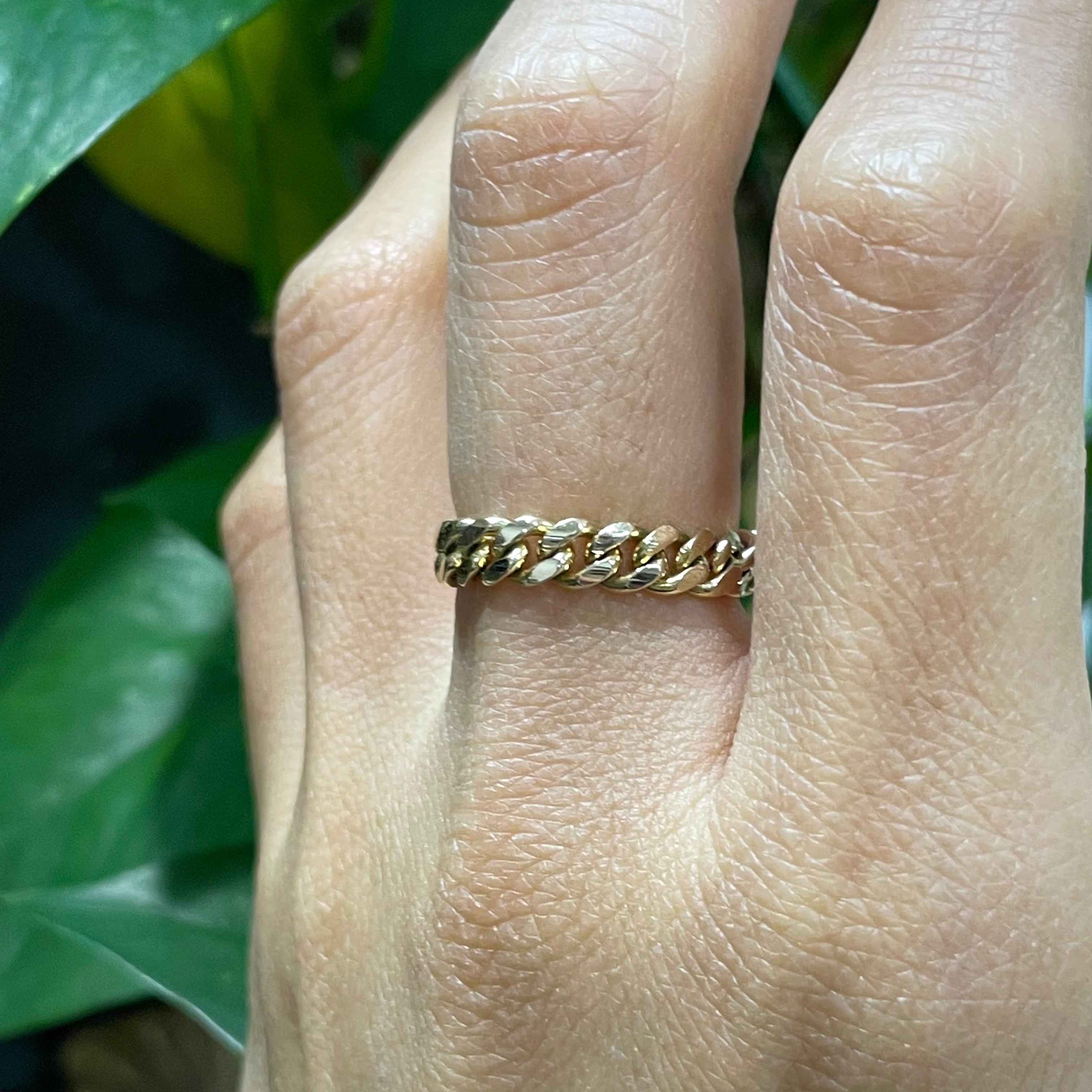 Solid 14K Yellow Gold Natural Cuban Chain Ring