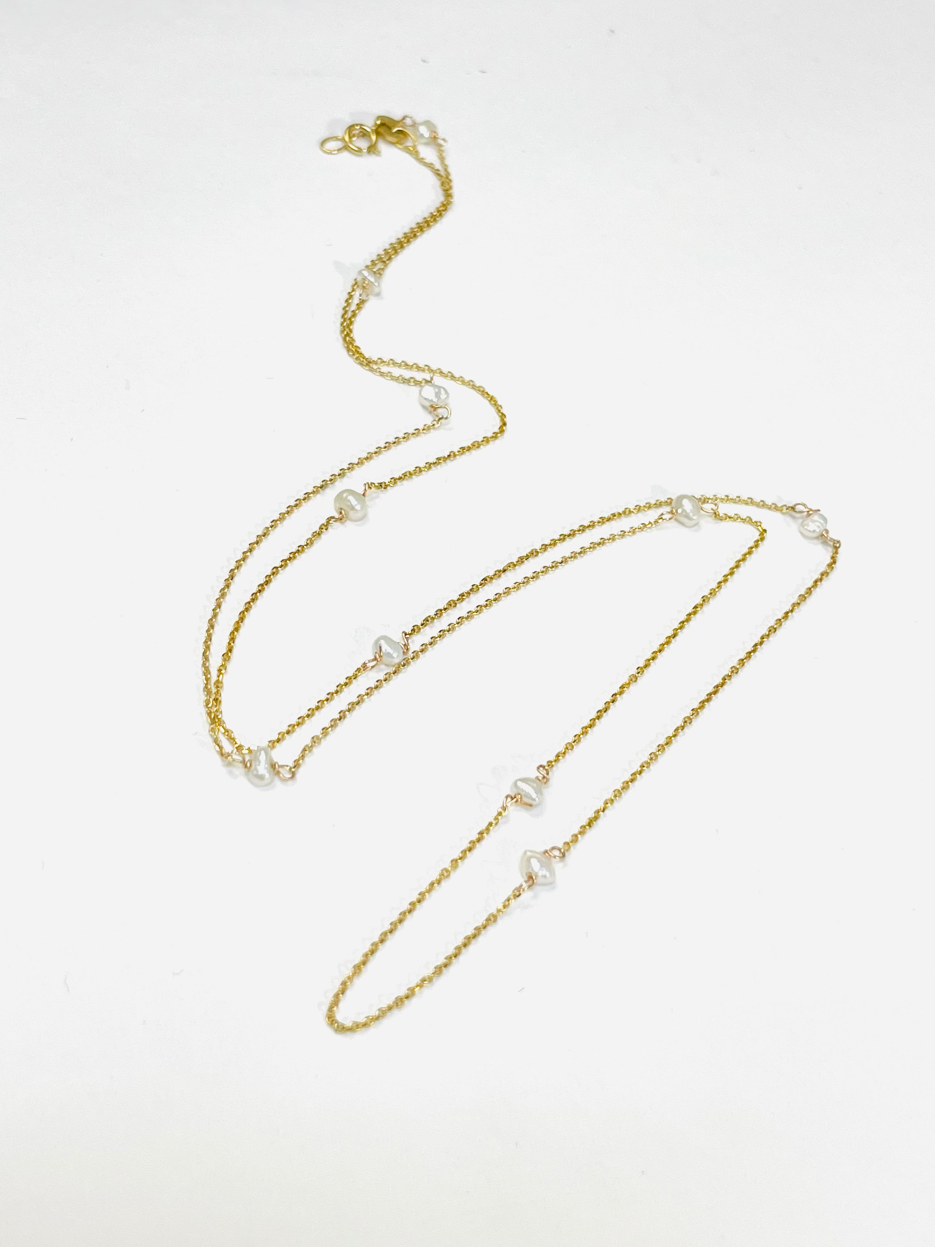 24” Baroque 3mm Seed Pearl Station Necklace 14K Yellow Gold