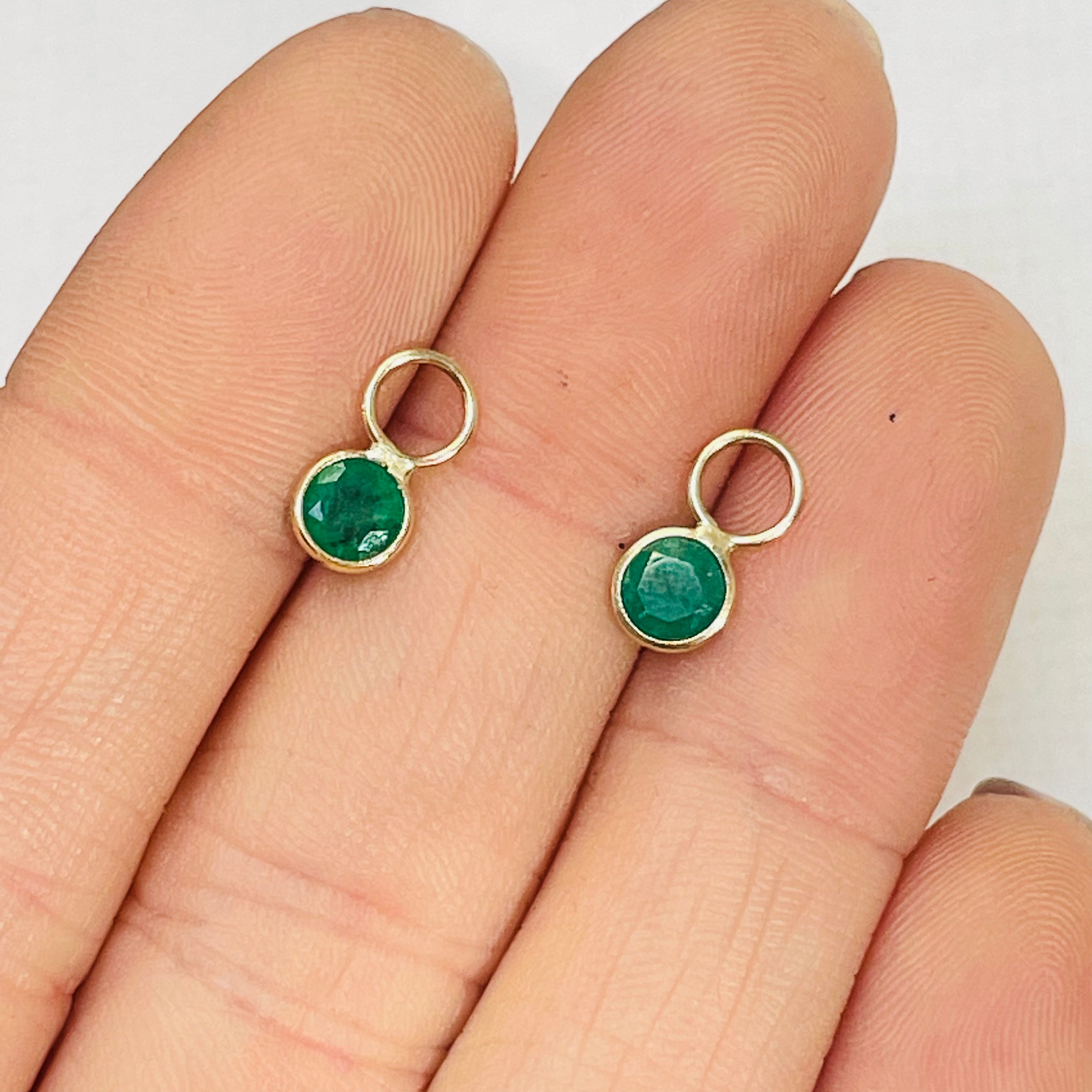 14K Yellow Gold Round Emerald Earring Charm Pair