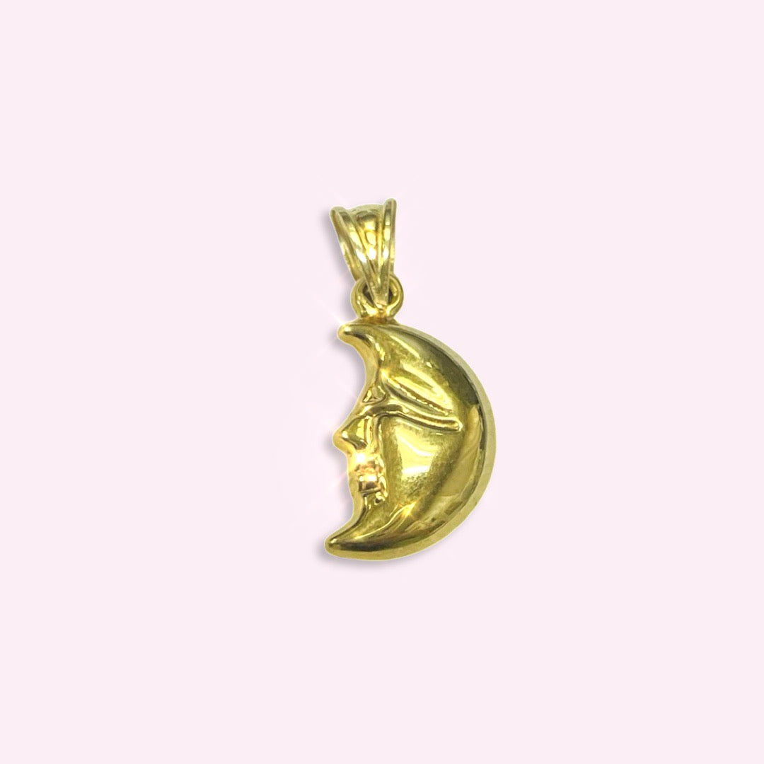 14K Yellow Gold Puffy Moon Face Charm Pendant