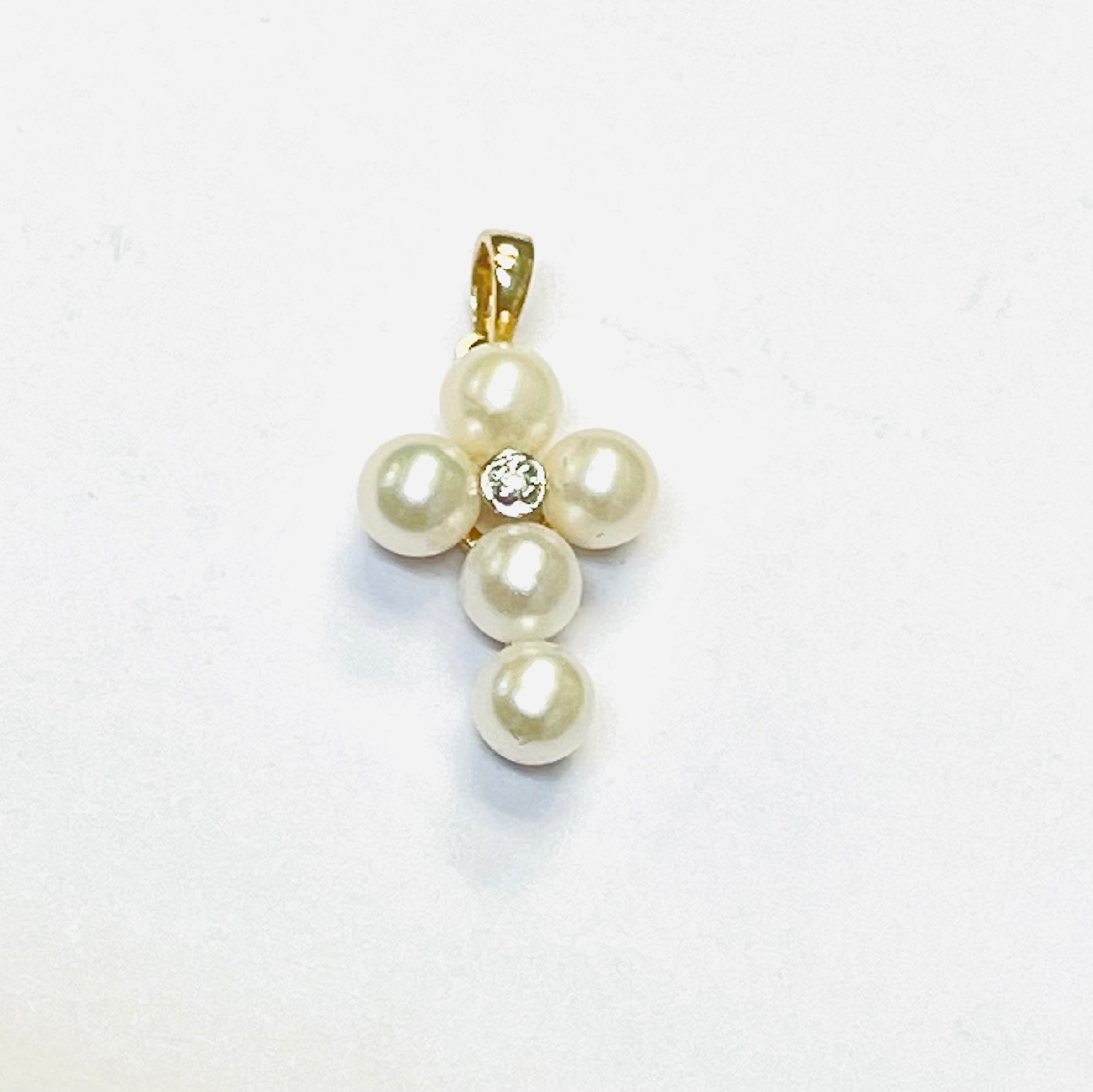 14K Yellow Gold Pearl and Diamond Cross Pendant Charm