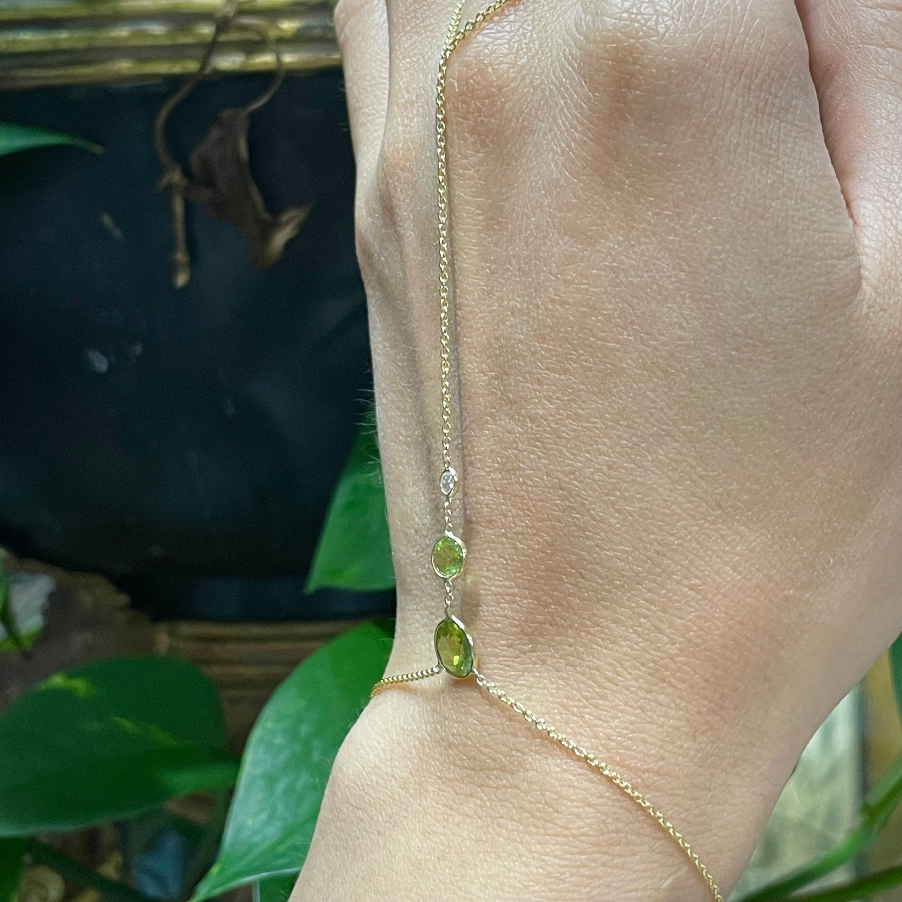 Diamond Peridot HandChain in solid 14k Yellow Gold