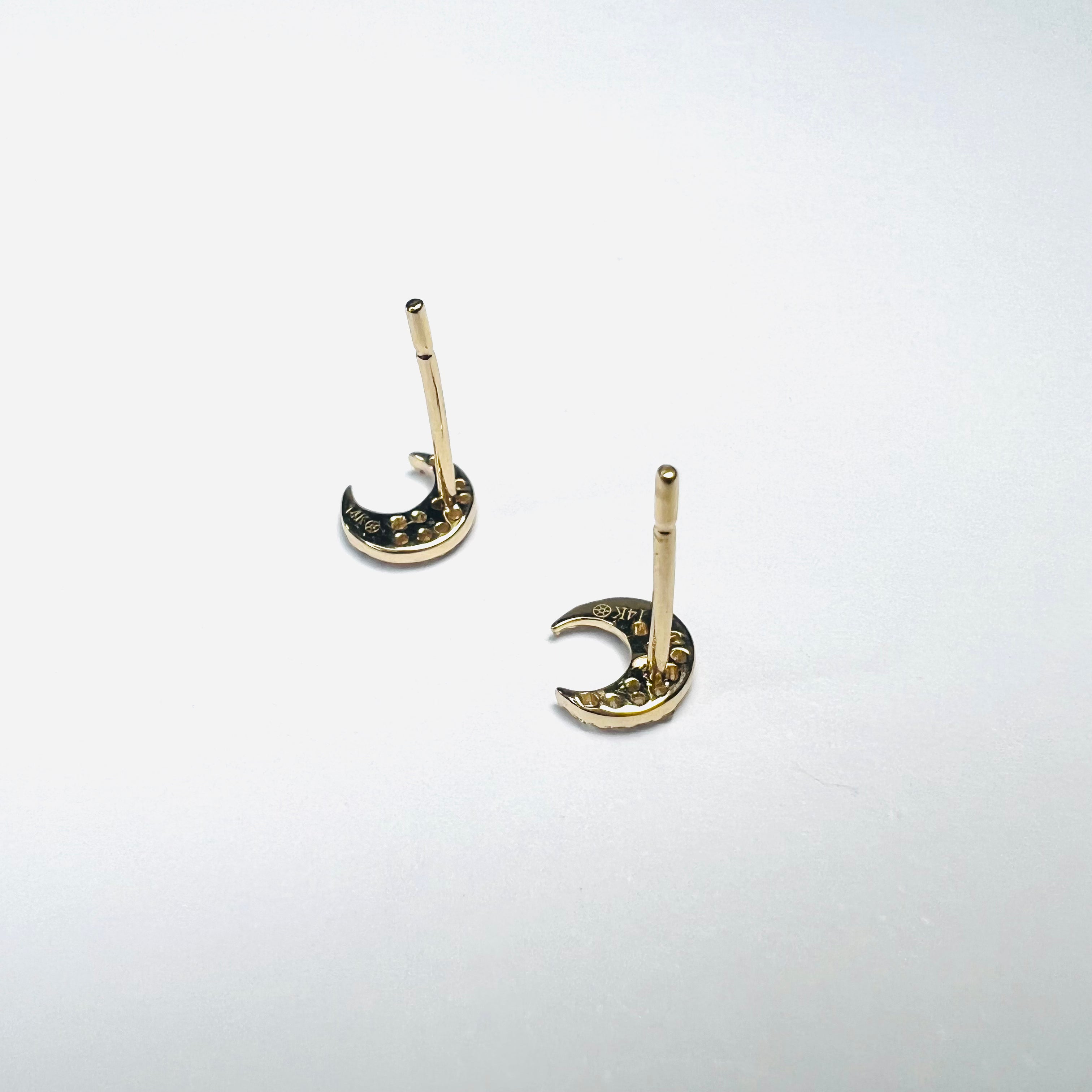 14k Yellow Gold Pave Diamond Moon Earring Studs 6x5mm