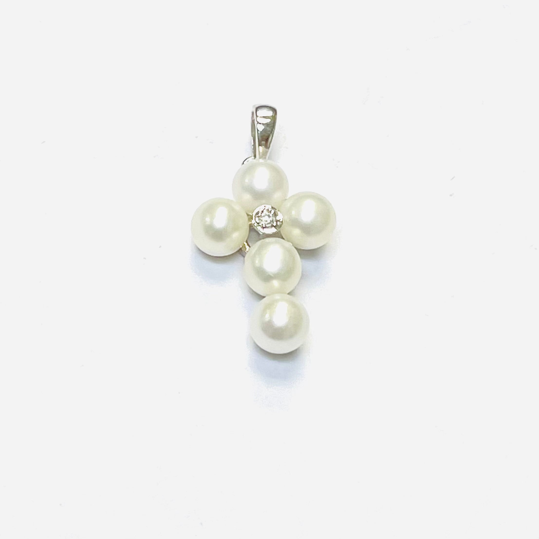 14K White Gold Pearl and Diamond Cross Pendant Charm