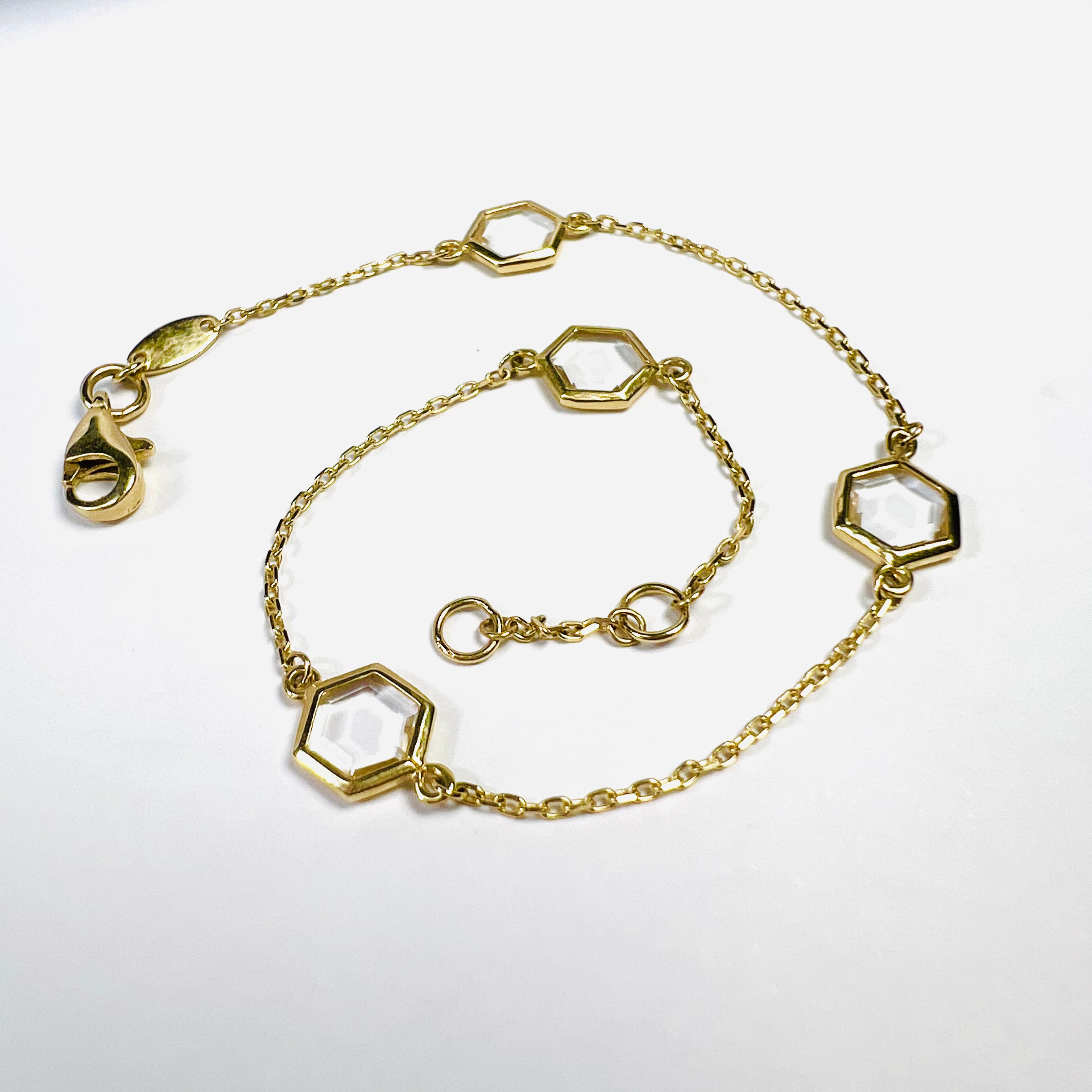 Solid 14K Yellow Gold Hexagon Quartz Cable Chain Bracelet 7.5"
