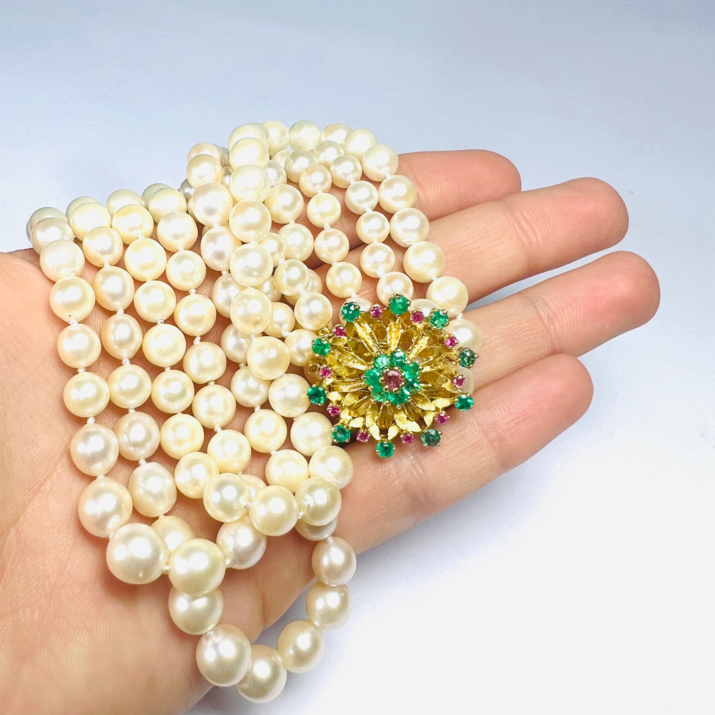 Pearls with Floral Emerald and Ruby 15" 14k Yellow Gold Necklace