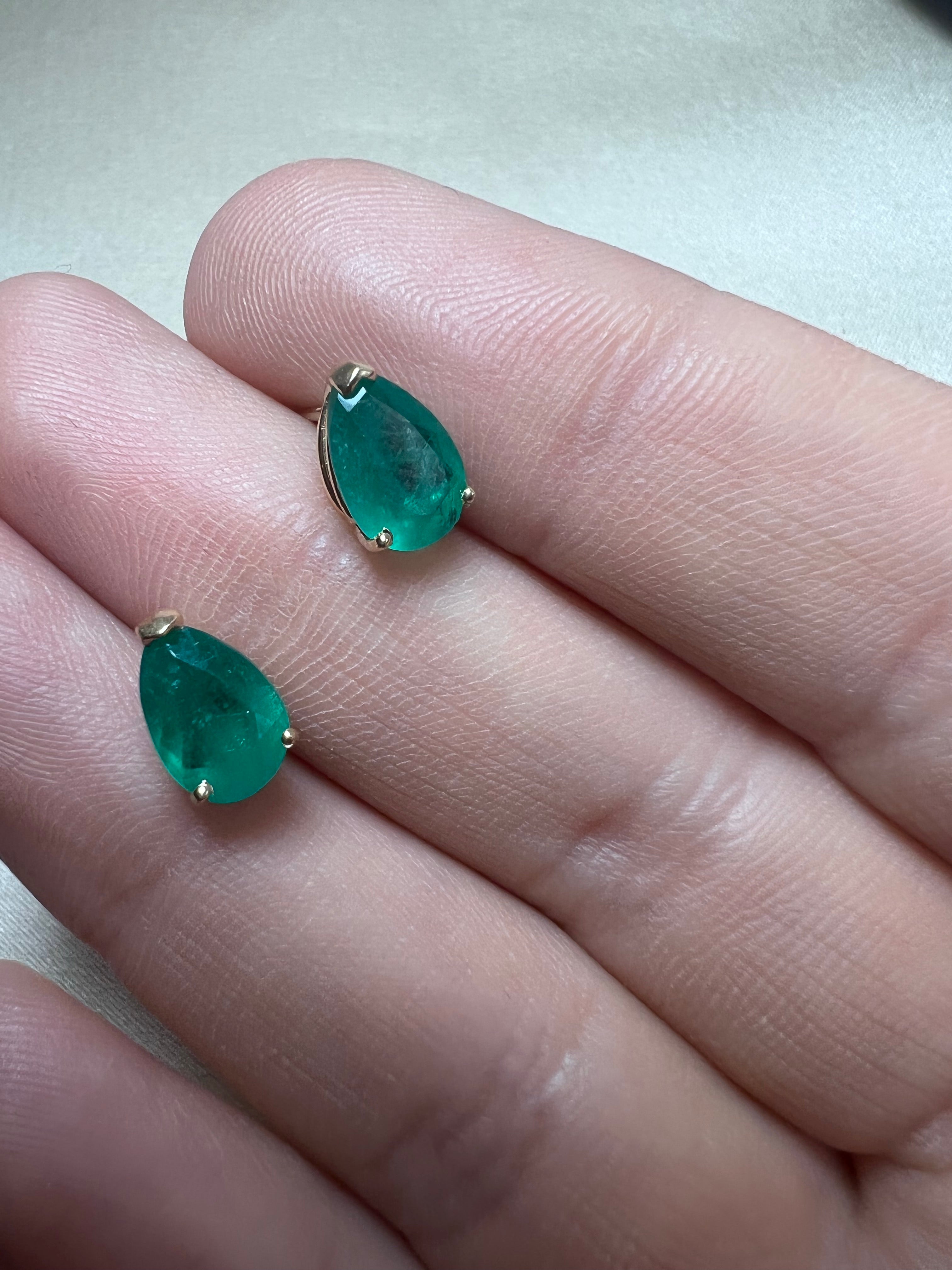 2.4CT Colombian Emerald Pear 14K Yellow Gold Stud Earrings