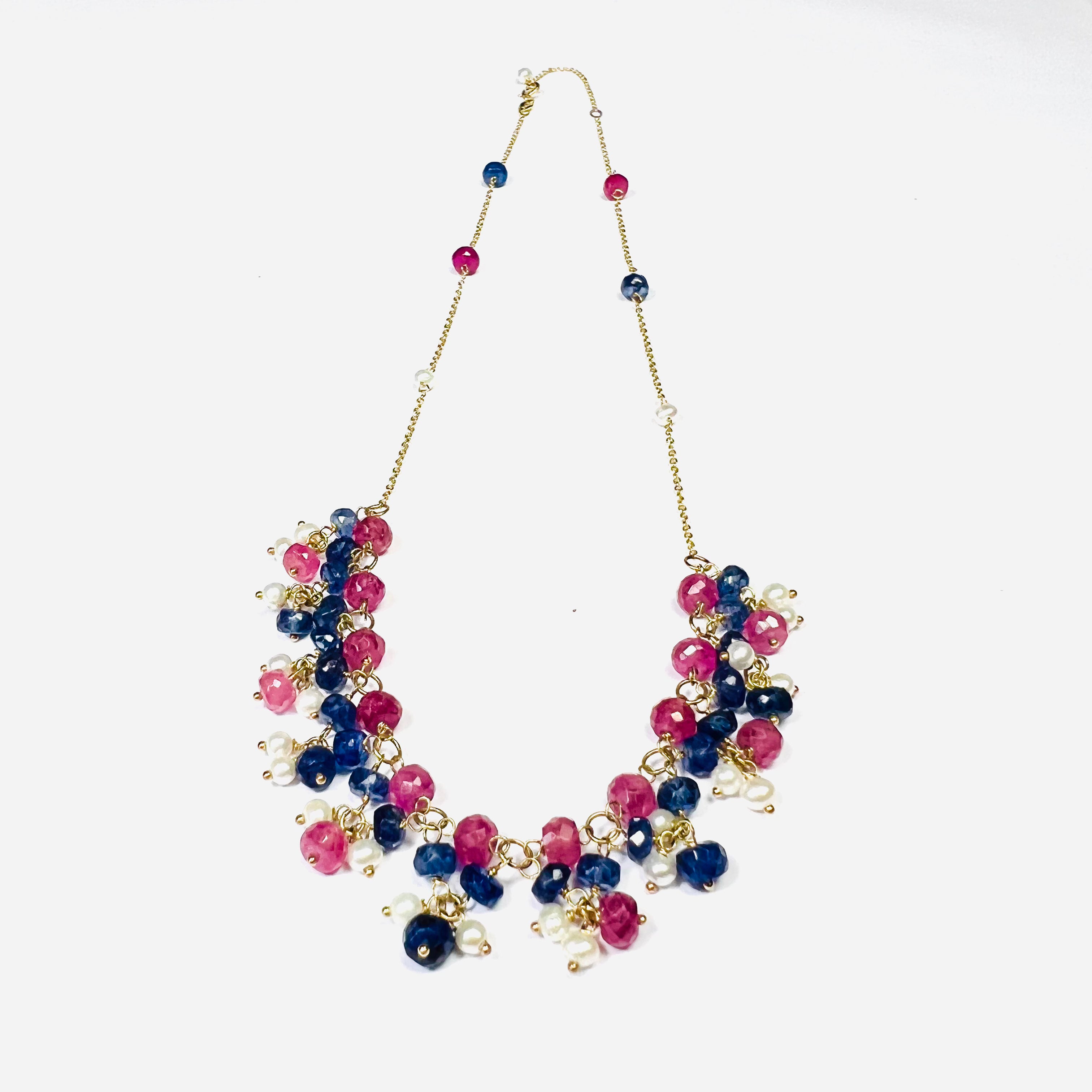 Ruby and Sapphire Beaded Dangle 14K Yellow Gold Necklace