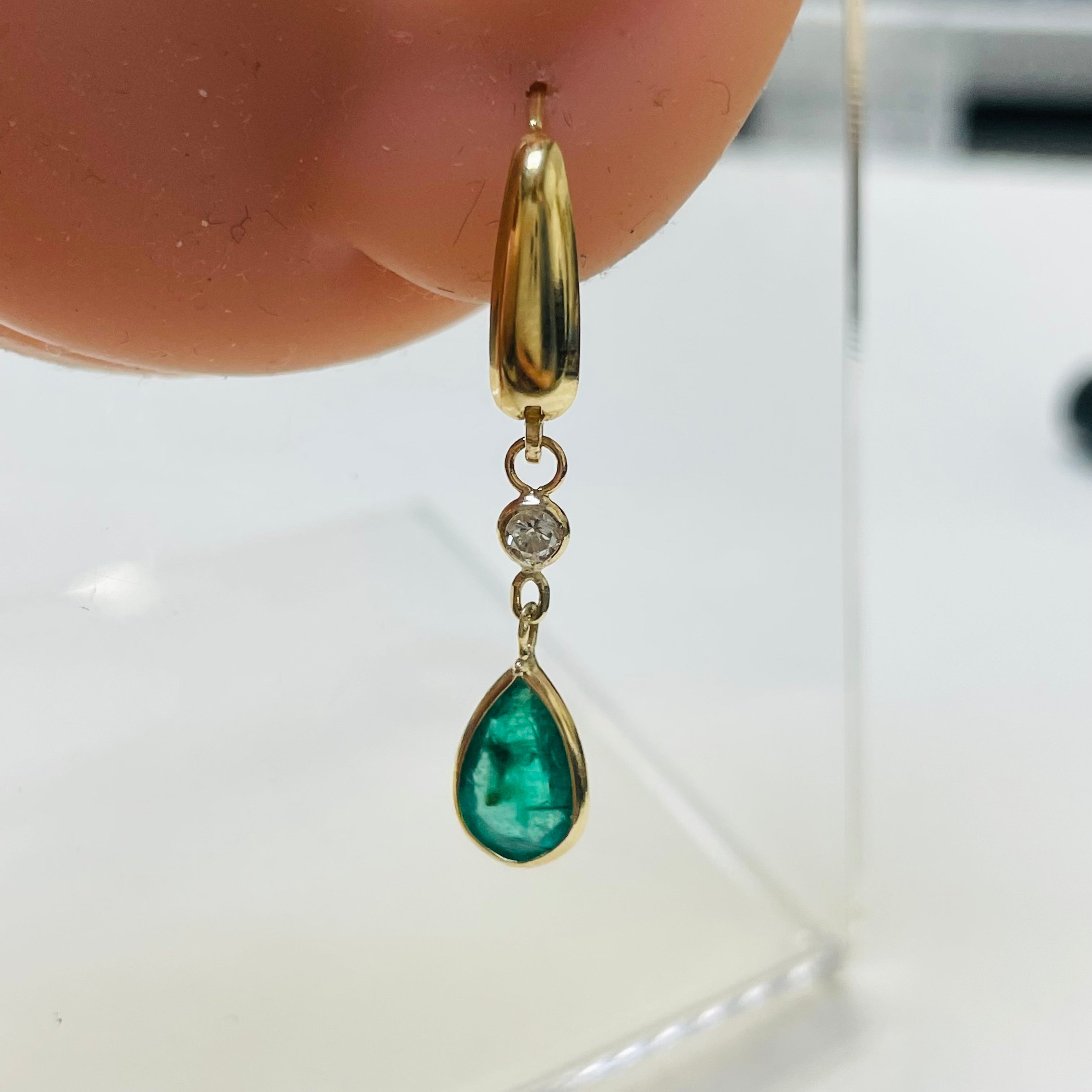 2CT Emerald and .10CT Diamond 14K Yellow Gold Lever Back Drop Down Earrings
