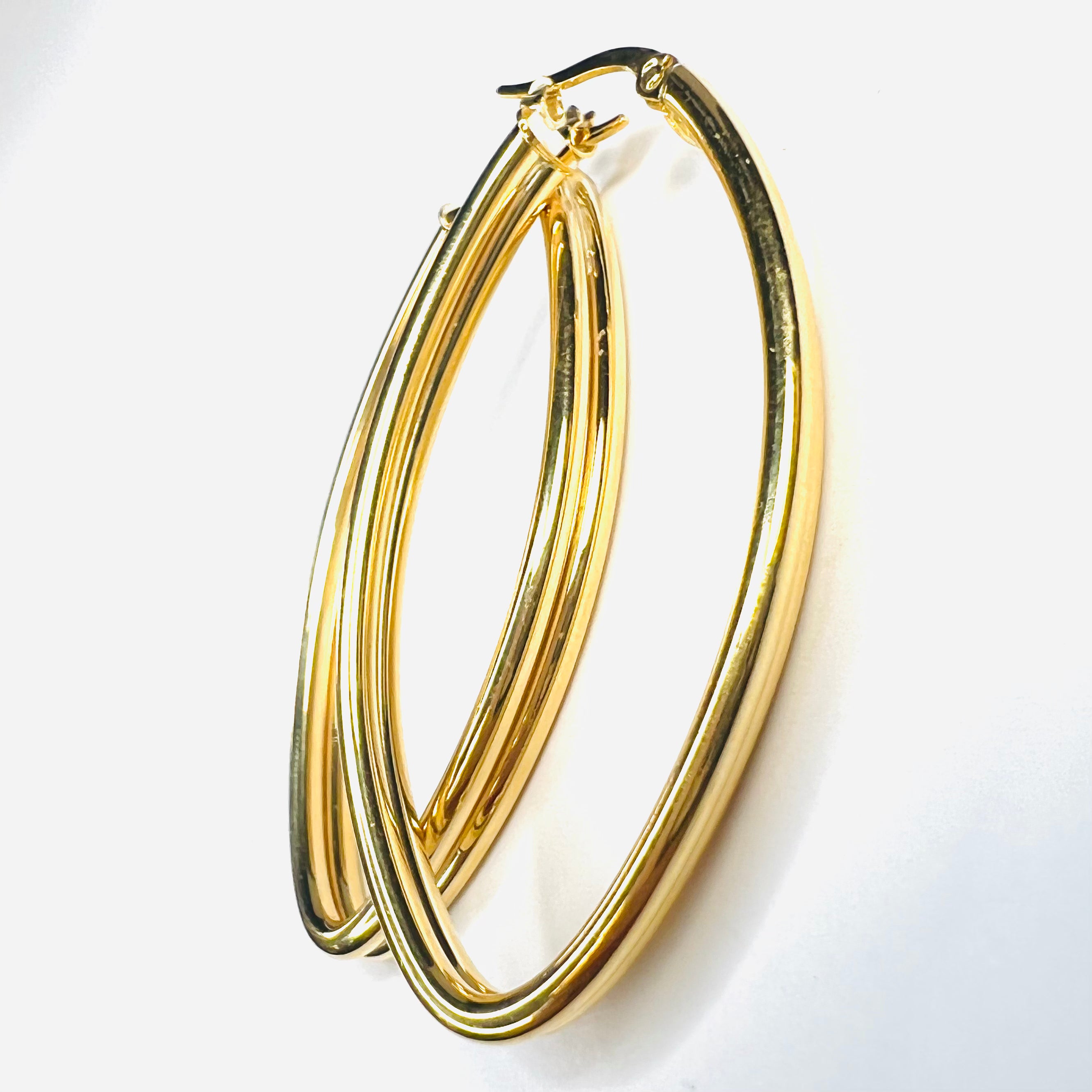 Beautiful New 14K Solid Yellow Gold Double Marquise Hoop Earrings 1.75"x.90"