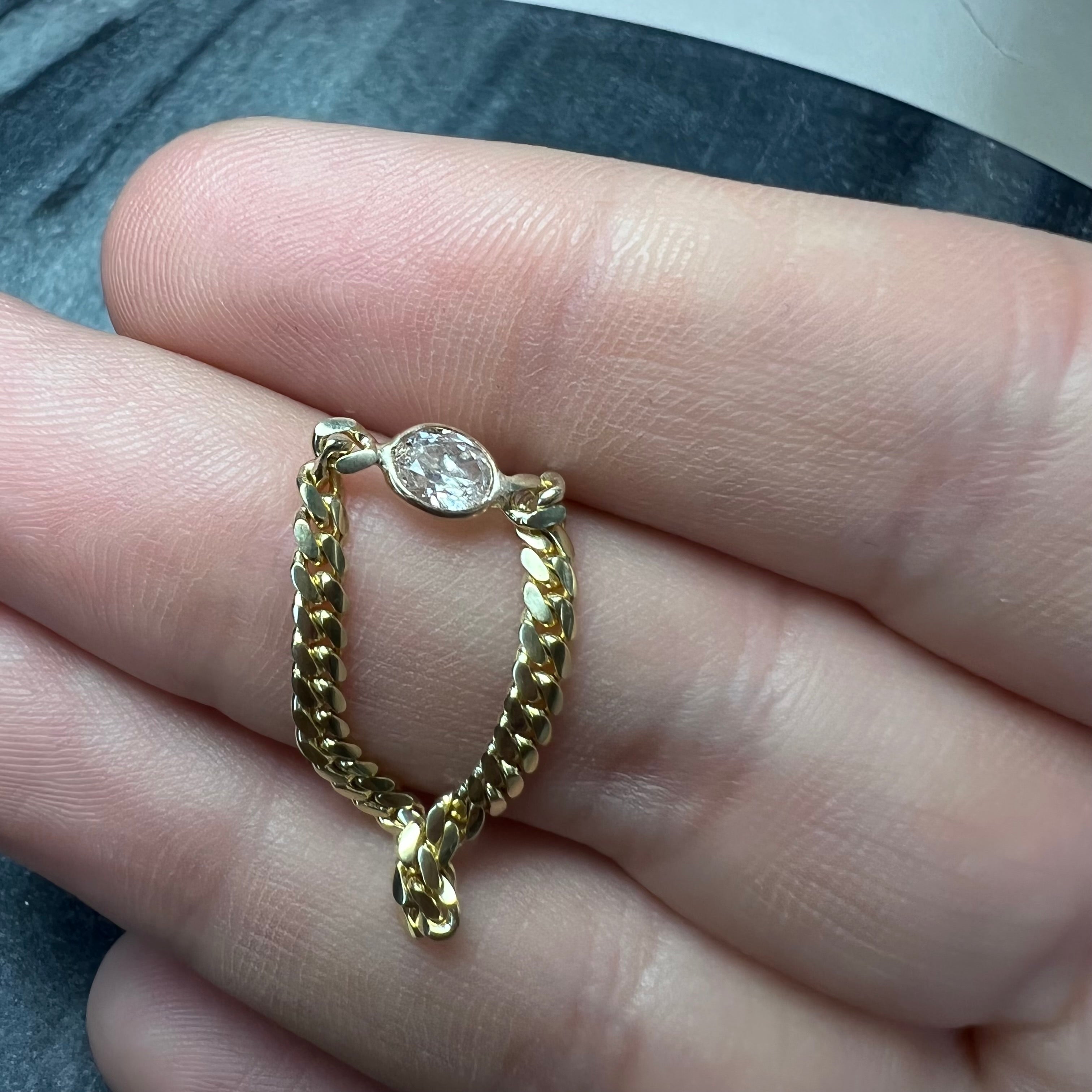 Solid 14K Yellow Gold Oval Diamond Cuban Chain Ring Size 8.5